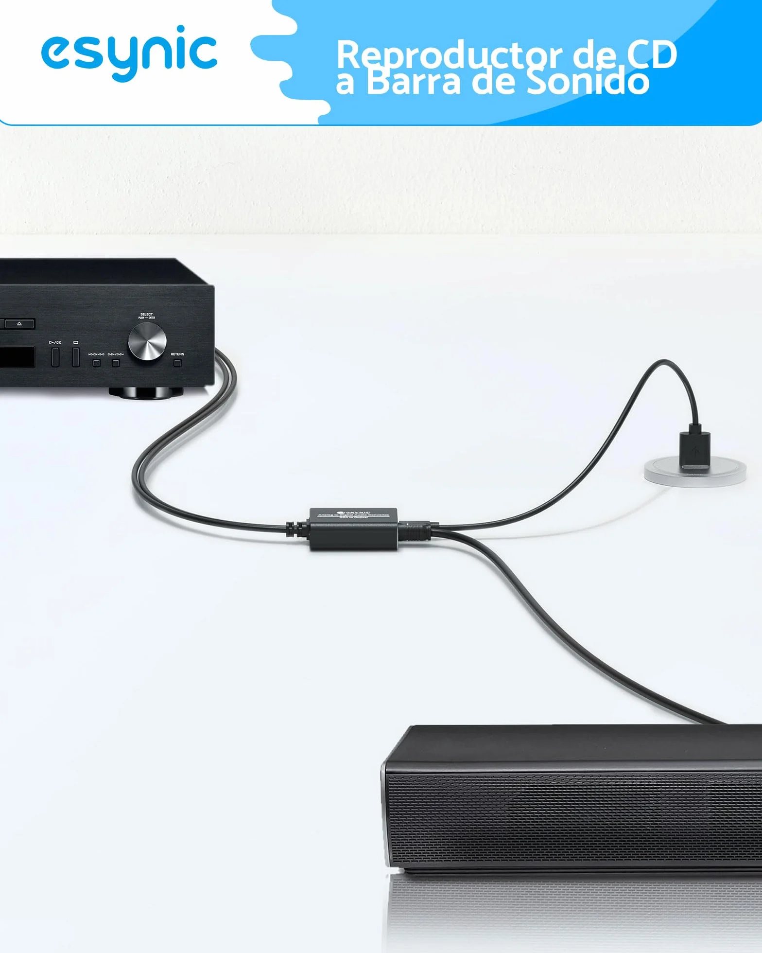 eSynic Convertidor RCA a Óptico, Audio Analógico a Digital, Toslink SPDIF, Aleación de Aluminio, Cable Macho para Barra de Sonido