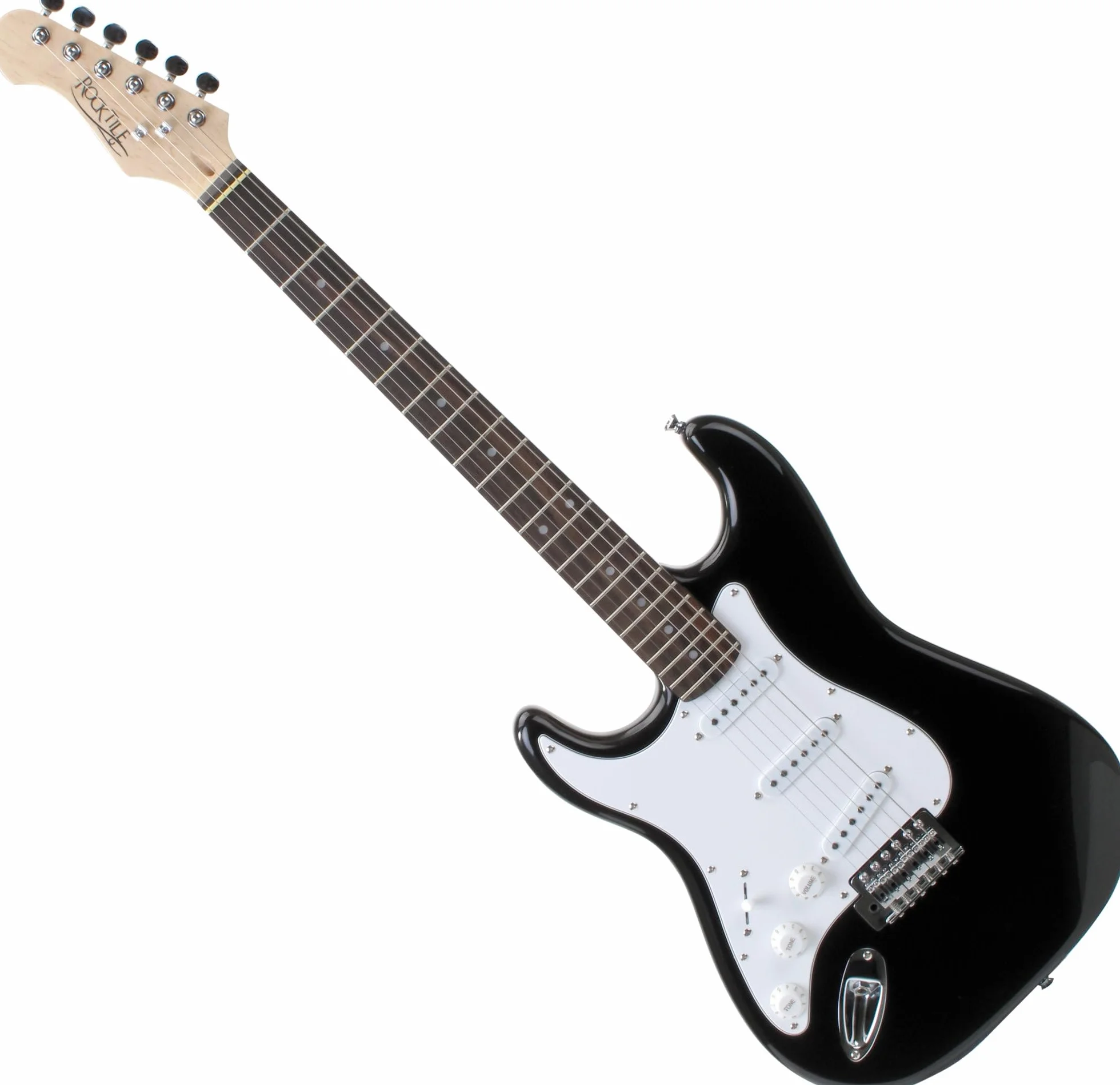 Rocktile Pro ST3 BK RW Guitarra Eléctrica para Zurdos – Estilo ST negra, 3 Single-Coils, Tremolo Vintage, 22 trastes, diapasón de palisandro.