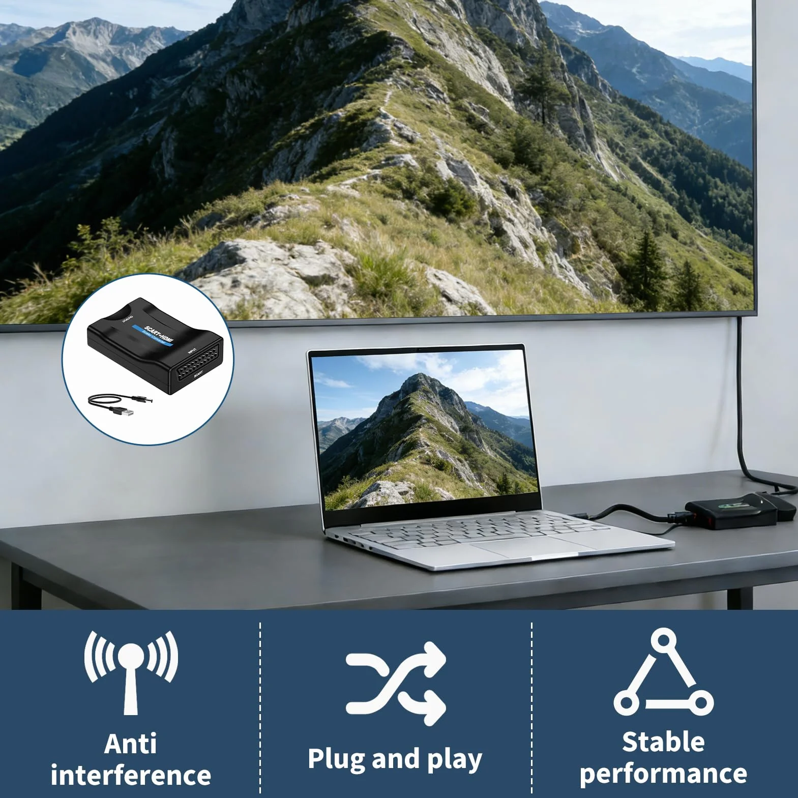 Adaptador de Euroconector a HDMI 4K, Convertidor Scart a HDMI 1080p con Entrada PAL NTSC, Soporta Resolución 720P/1080P, Compatible con Reproductores DVD, VHS, Consolas Retro, TV y Proyectores