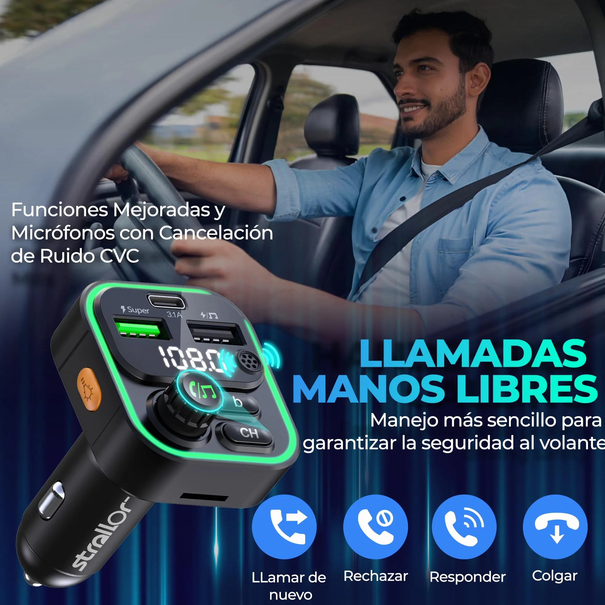 Transmisor FM Bluetooth Coche, Manos Libres, Adaptador Mechero MP3 con Doble USB Carga Rápida 22.5W/4.5A y Tipo C