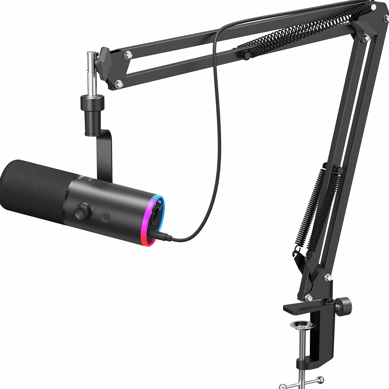 TONOR Microfono de Gaming Dinámico para PC, Micrófono Cardioide Streaming XLR/USB con Brazo para Podcast/Estudio, Cancelación de Ruido IA,RGB Controlable,Conector Auriculares 3,5 mm,Negro,TD510 AIR H+