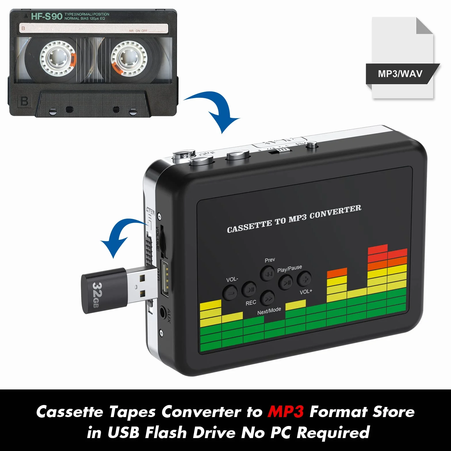 Convertidor de Casete Portátil a MP3 Digitalizador USB con Auriculares 3,5MM Rebobinado Automático