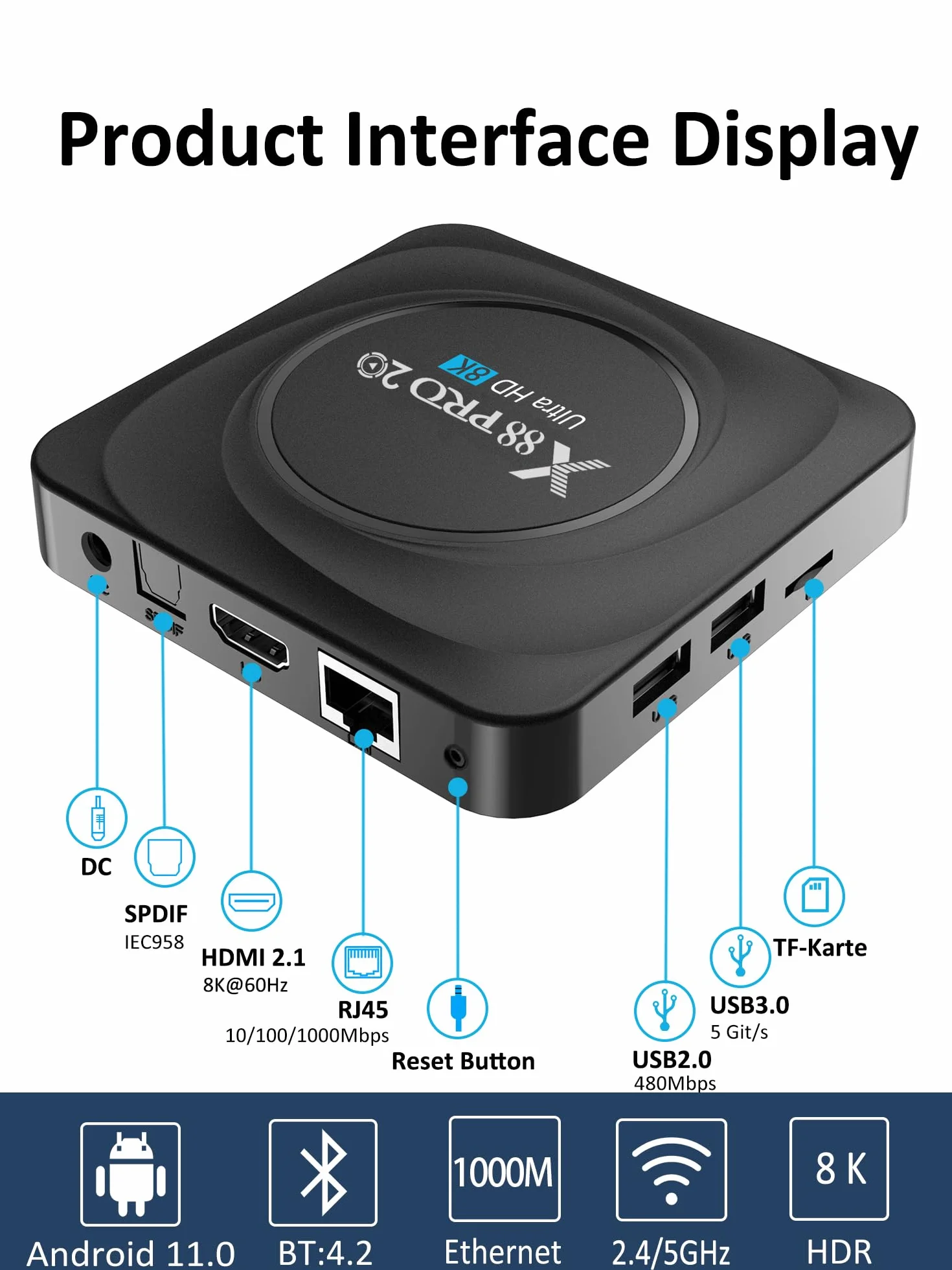 GREVA Android TV Box 8K, Smart TV Box Android 11.0 RK3566 CPU 8GB RAM 128GB ROM, Streaming Media Player Dual-Band 2.4/5.8Ghz 100/1000M Ethernet Soporte HDR 3D BT 5.0 USB3.0 Android Box X88 PRO20