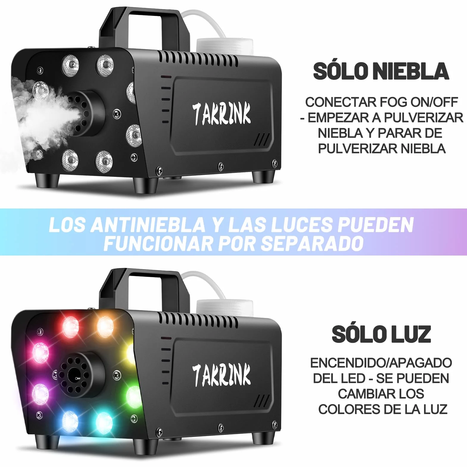 TAKRINK Máquina de Humo 900W con 8 Luces LED RGB de 16 Colores Control Remoto Inalámbrico y Niebla Automática Fog Machine Portátil para Fiestas Bodas Discotecas DJ y Eventos Especiales