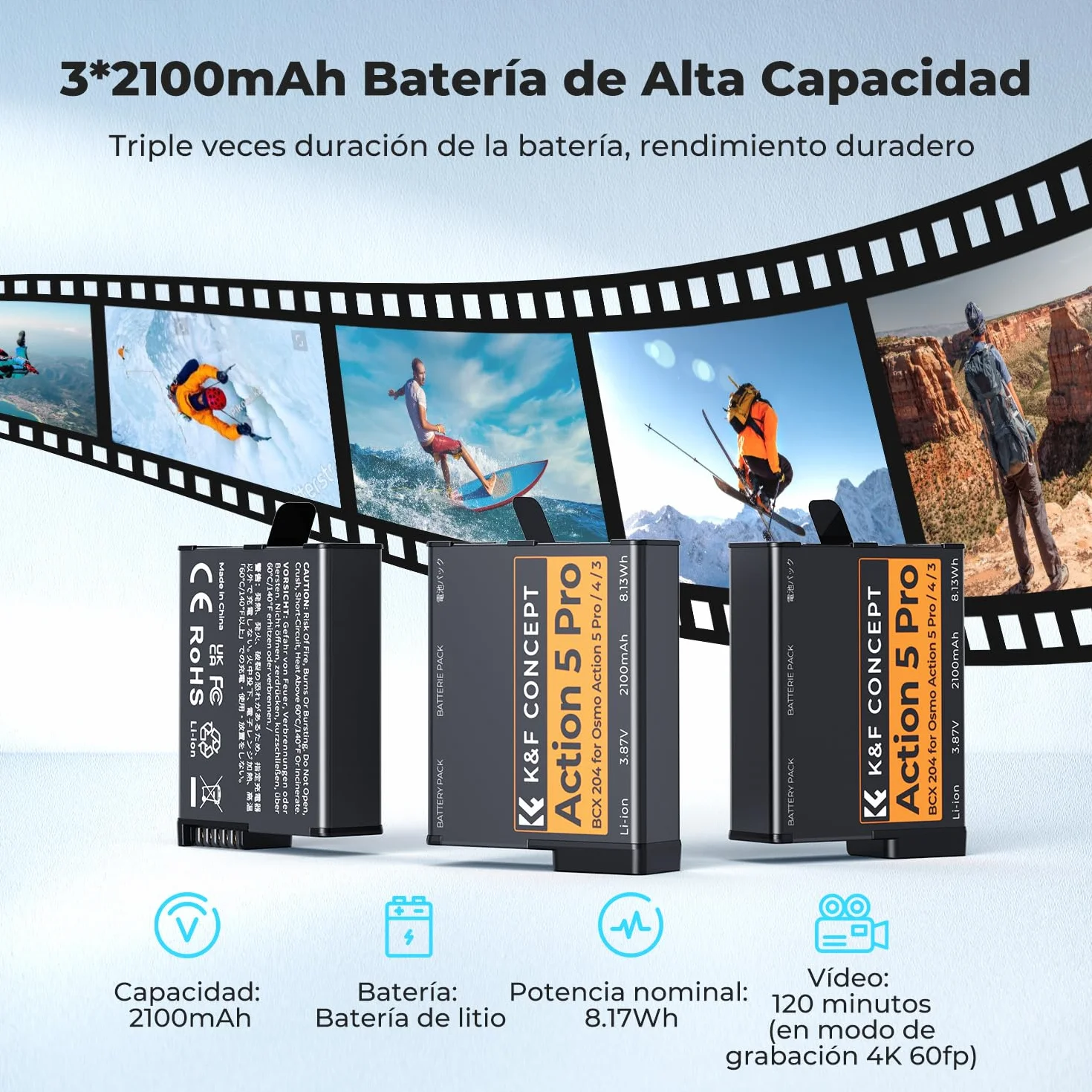 K&F CONCEPT OSMO 360 3x2100mAh Batería y Cargador Compatibile con dji OSMO Action 5 Pro, Action 6, Action 4, Action 3, Cámaras OSMO 360