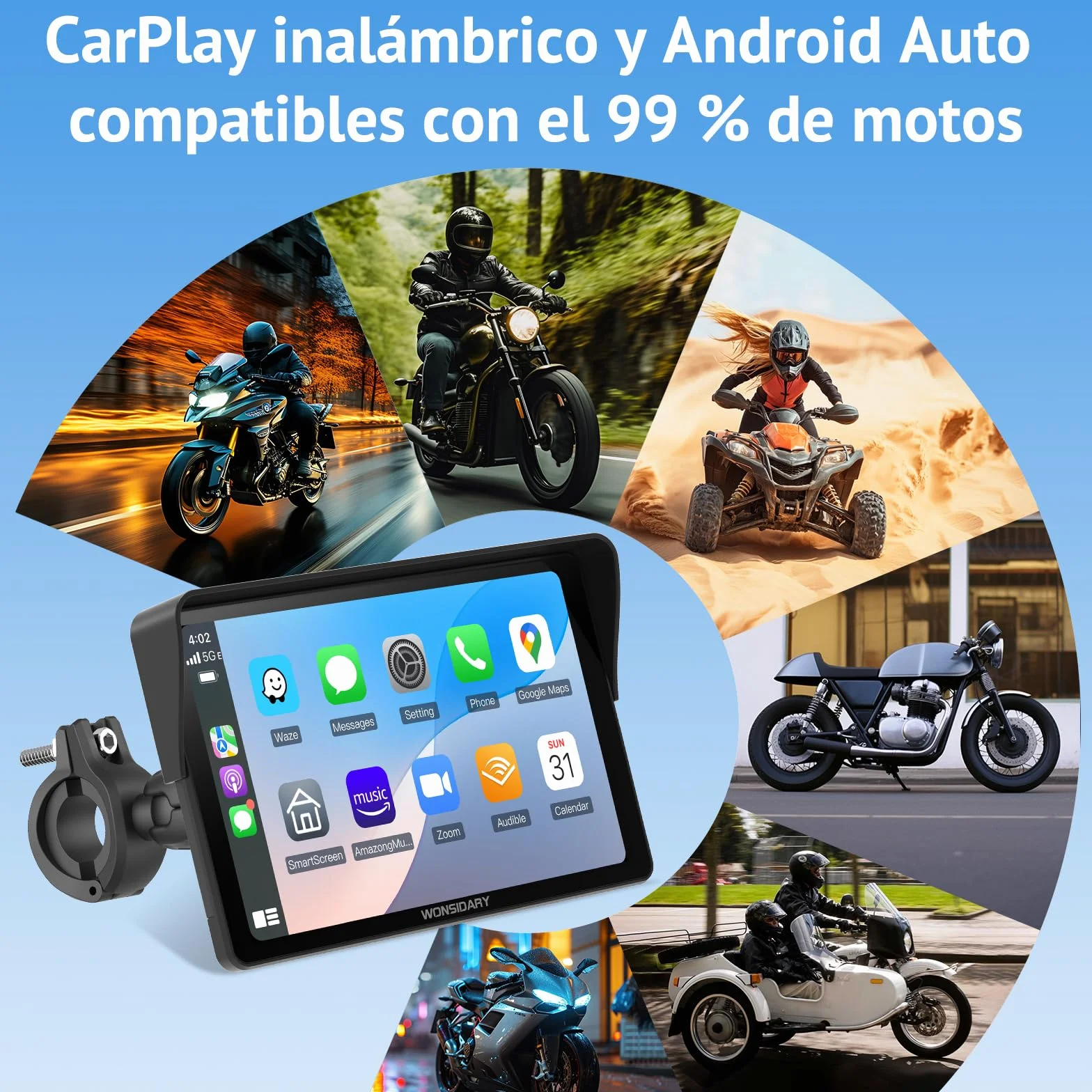 Carplay Moto 7 Pulgadas Pantalla TáCtil,InaláMbricos Carplay y Android Auto, Navegador GPS Moto Conectar y Usar con IP67 Impermeable, Sensor De Luz,Bluetooth Trans, Siri/Google Assistant,EQ