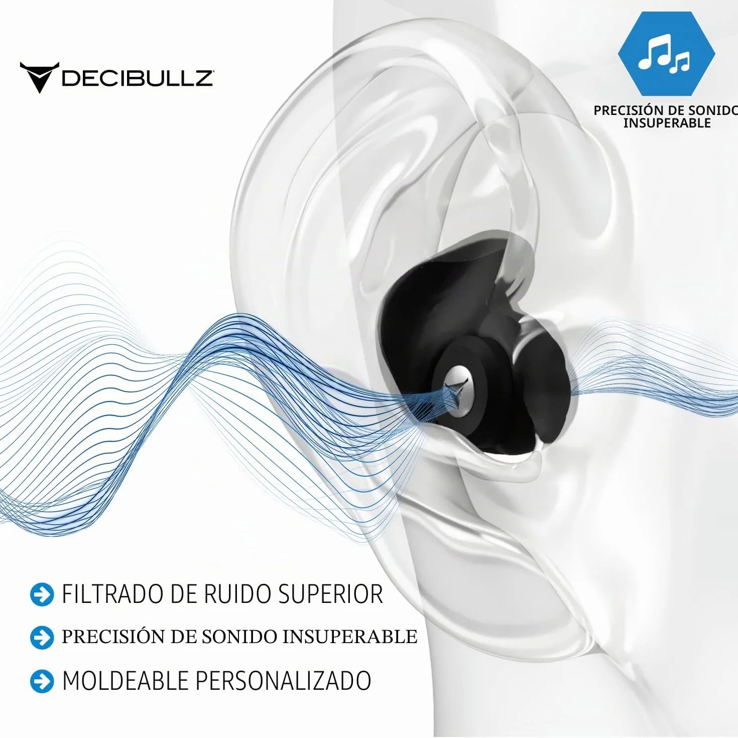 Decibullz Filtros de ruido moldeables profesionales con tecnología de filtración acústica profesional, perfectos para músicos, grabadores y asistentes a conciertos