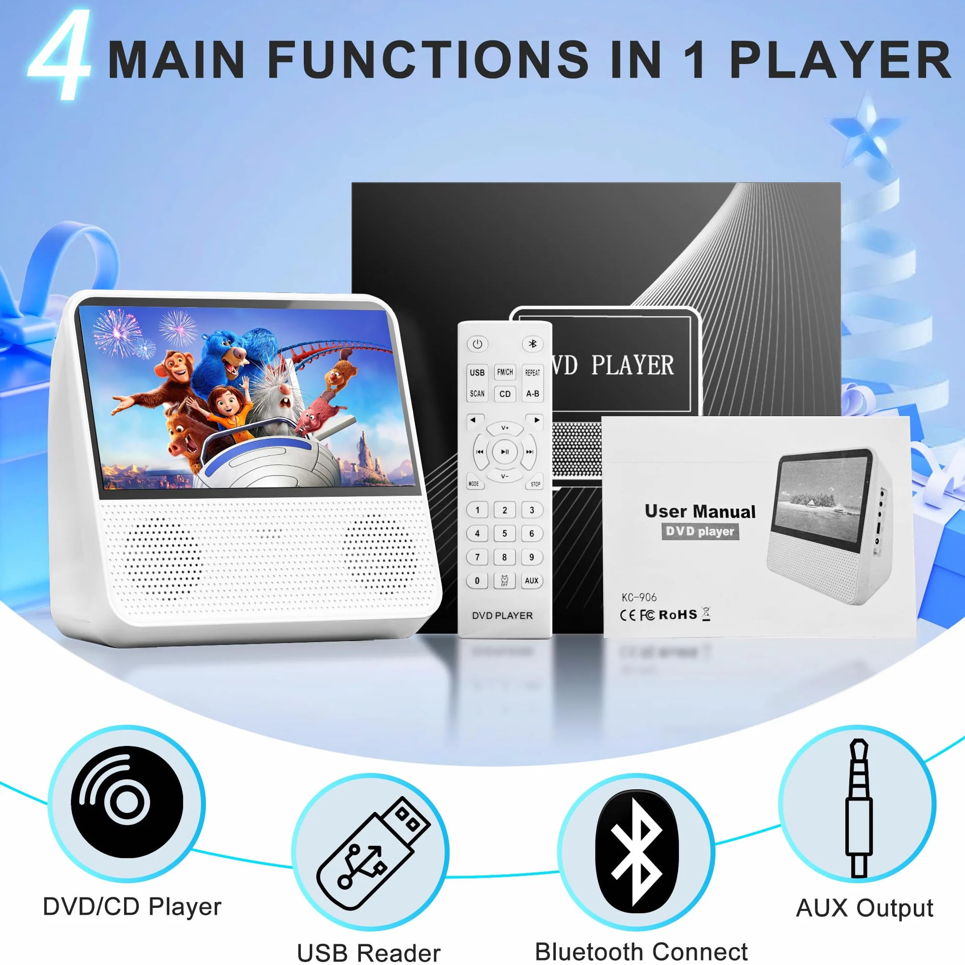 Reproductor DVD Portátil Bluetooth 4000mAh Recargable Región Libre para Coche con Altavoces Dobles Compatible CD USB