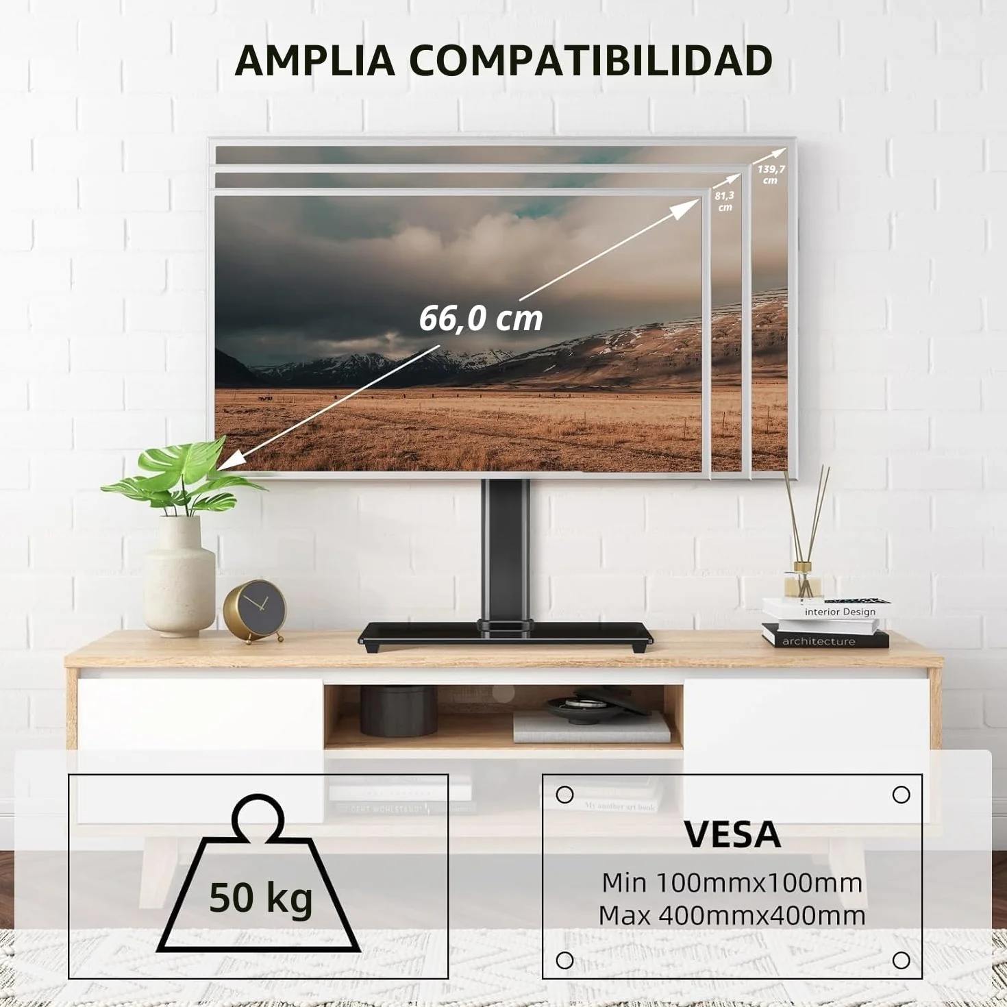 Suptek Soporte TV Pie para Mesa: Base de TV 26-55 Pulgadas Vidrio Templado 8mm Giratorio ±50° Altura Ajustable 45kg VESA 400x400mm