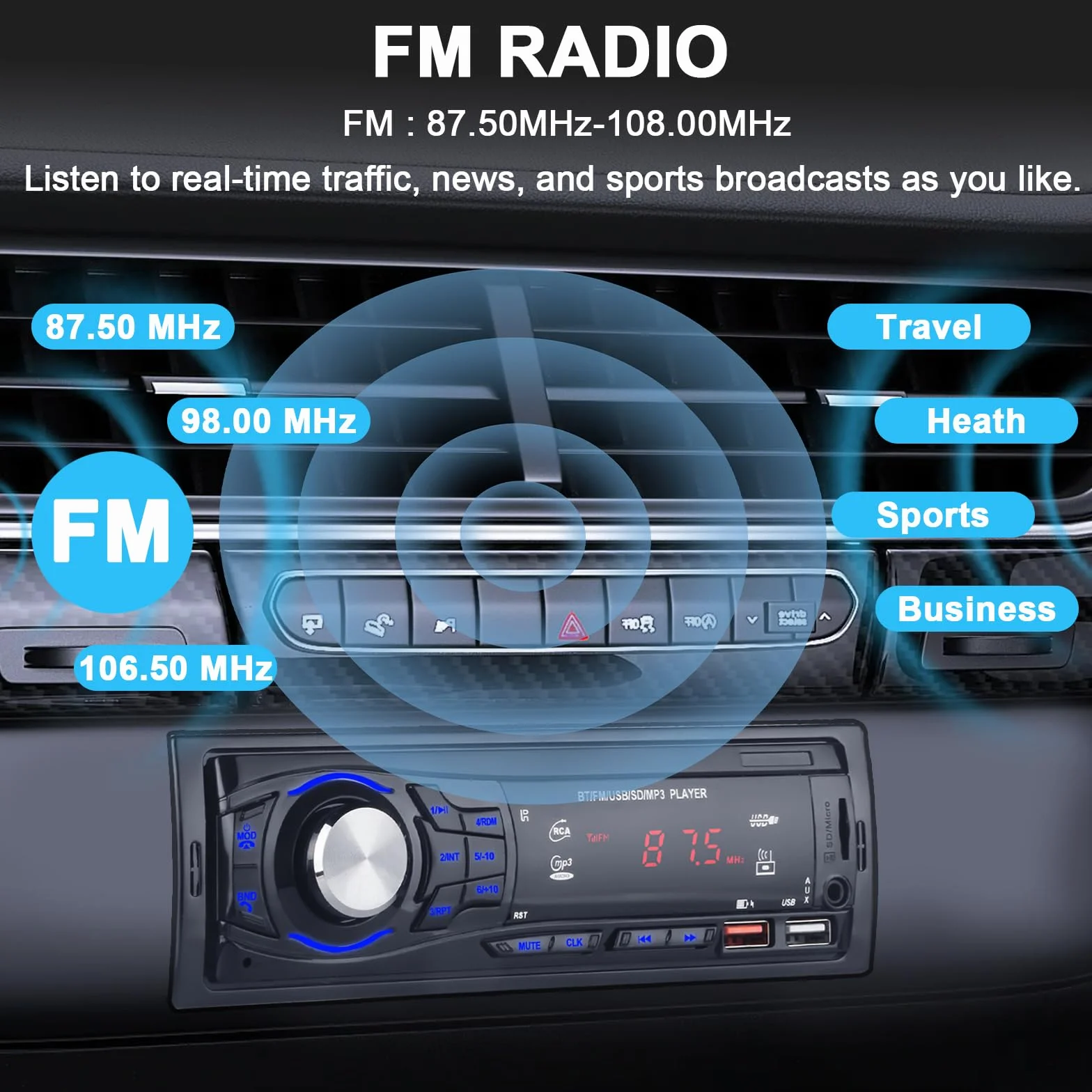 Radio Coche Bluetooth 1 DIN - Autoradio soporta Llamadas Manos Libres, 2 Puertos USB, SD, AUX-in, Radio FM - Reproductor de MP3 con Control Remoto