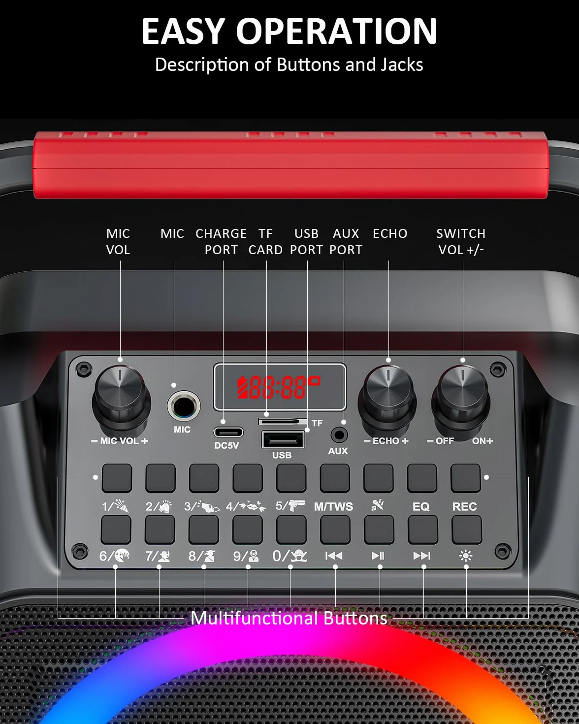 Máquina de Karaoke para adultoscon 2 micrófonos,Altavoz Profesional de Karaoke Bluetooth portátil con Luces LED,para Fiestas,Regalo,al Aire Libre,para TV,DJ.Sostener TF/USB/TWS/Mic/AUX