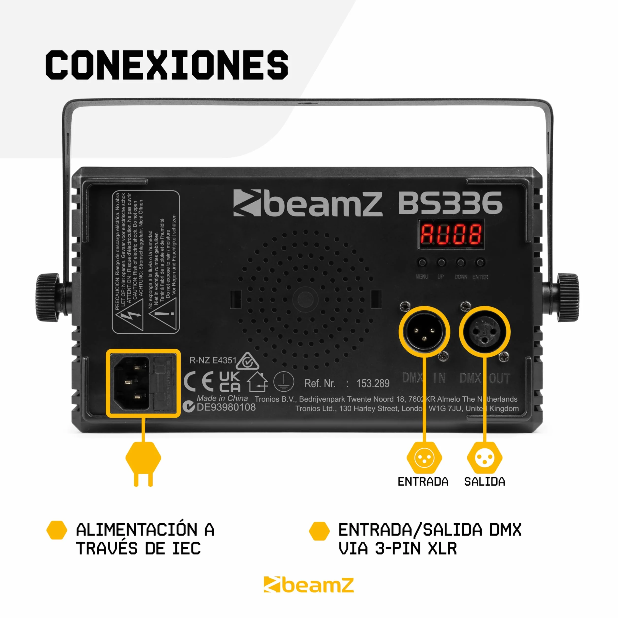 BeamZ BS336 - Combo de Luz Estroboscópica y cegadora LED RGB+Blanco, 336 LEDs RGB + 56 Blancos, DMX512 4/6/12/24/30 Canales, Modo Autónomo, Maestro/Esclavo, Automático, Mando a Distancia