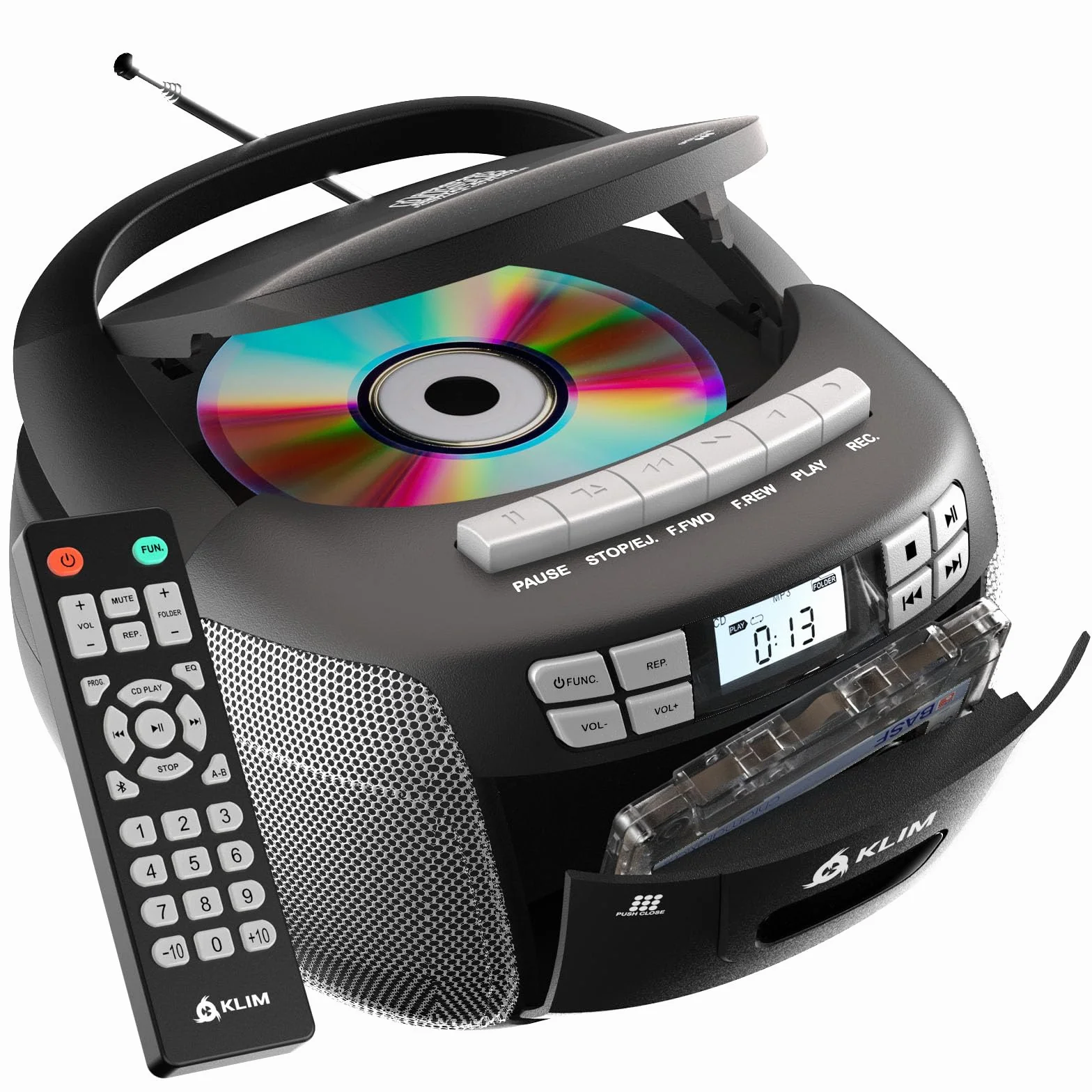 KLIM Reproductor CD Cassette Radio AM/FM Bluetooth Control Remoto Plata