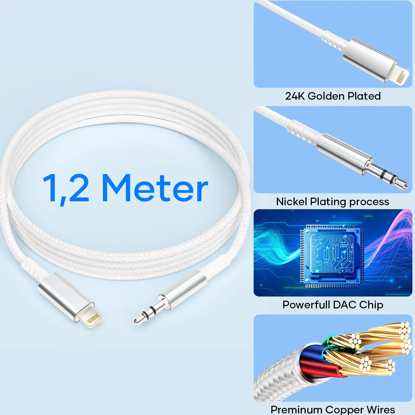 Cable Auxiliar Coche i Phone 1,2M [MFi Certificado] Cable Aux i Phone Light-ning to Jack 3.5 mm Audio HiFi Compatible con iPhone 14/13/12/11/X/8 para Autorradio/Auriculares/Altavoces, Plata