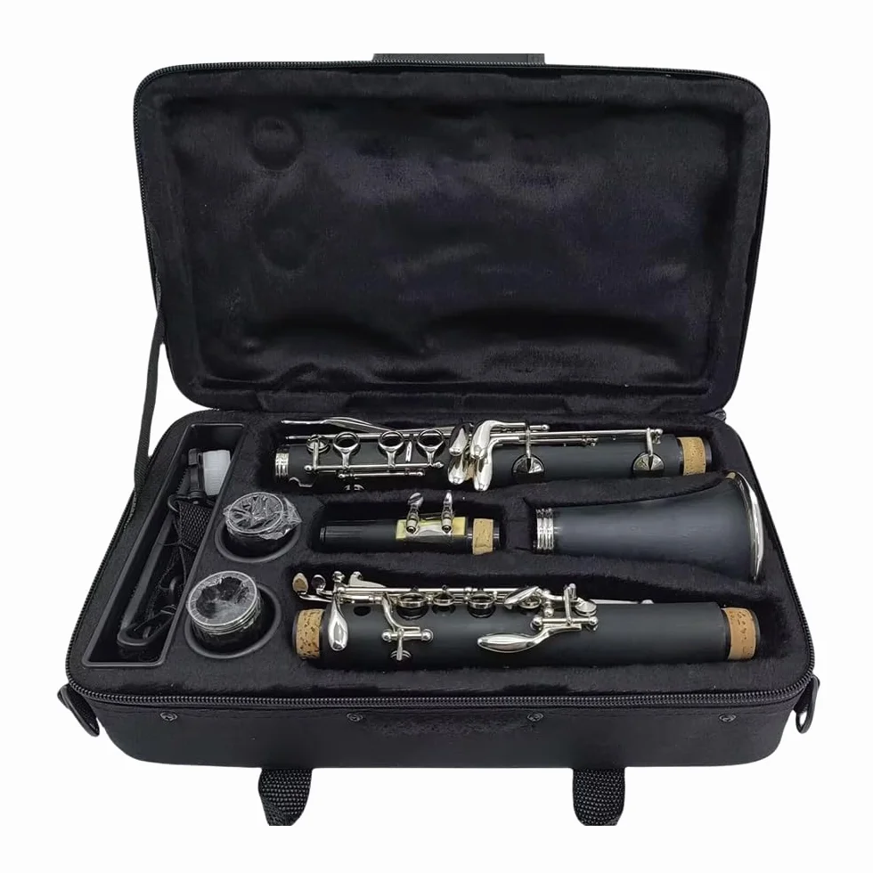 Clarinete Bb para estudiante Madera de Ebonita B Flat 17 teclas Niquelado Clarinete Principiante Set 2 Barriles con Guantes de Paño de Limpieza Instrumento