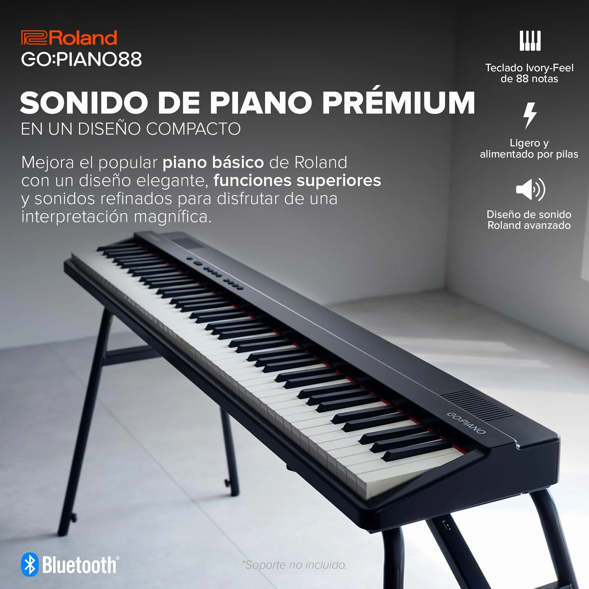 Roland GO:PIANO88 | Piano digital de 88 notas portátil y básico | Prestaciones prémium | Diseño ligero | Potentes funciones didácticas | Funcionamiento a pilas | Conexiones Bluetooth y MIDI