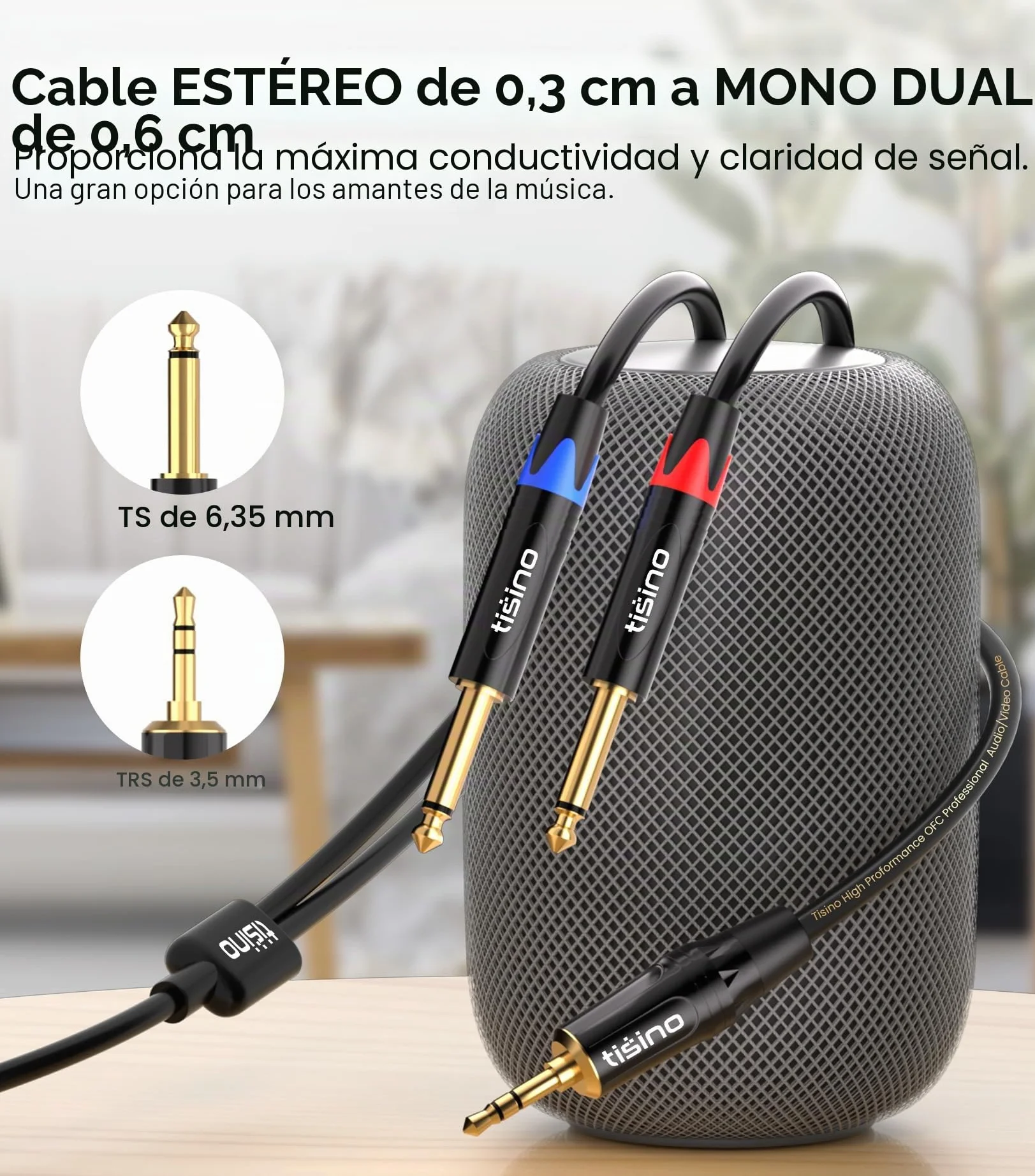 Tisino Cable Mini Jack a Jack Stereo- Cable Audio 3,5 mm a Doble 6,3 mm Mono para Mezclador, Ordenador portátil, Dispositivos de Cine en casa, Amplificadores- 1M