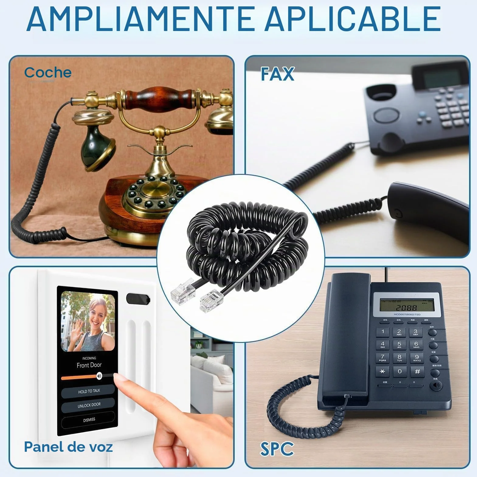 Paquete de 4 Cable Telefónico RJ9 RJ22 RJ10 2.5m en Espiral 4 Hilos 4P4C AT&T Cisco NEC ROLM