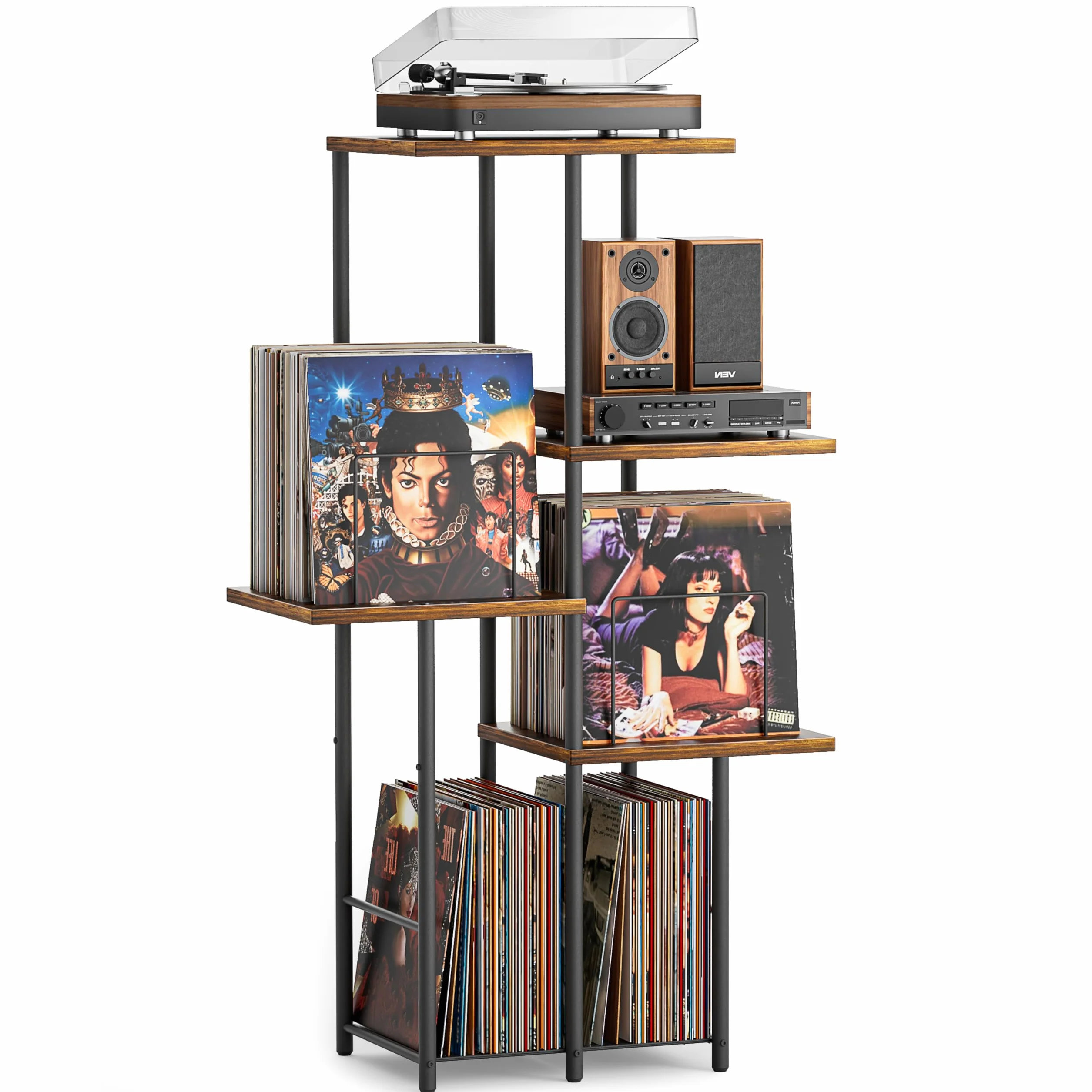 Bikoney Mueble para Tocadiscos con Almacenamiento de Vinilos y Estante Expositor, Mesa Soporte para Giradiscos con Organizadores de Discos, Mueble Vintage de Madera Estilo Mid-Century, Consola Alta