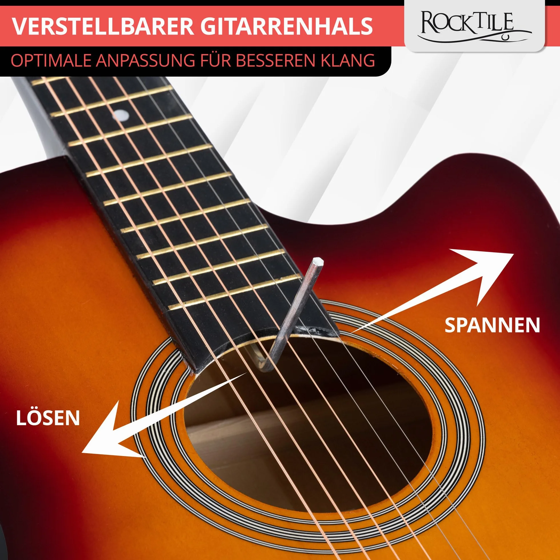 Rocktile WSD-5C-SB Slim Line Westerngitarre Set – Dreadnought Akustikgitarre mit Linde-Korpus, Catalpa-Hals, inkl. Tasche, Ersatzsaiten, Gurt & Plektren – Sunburst.