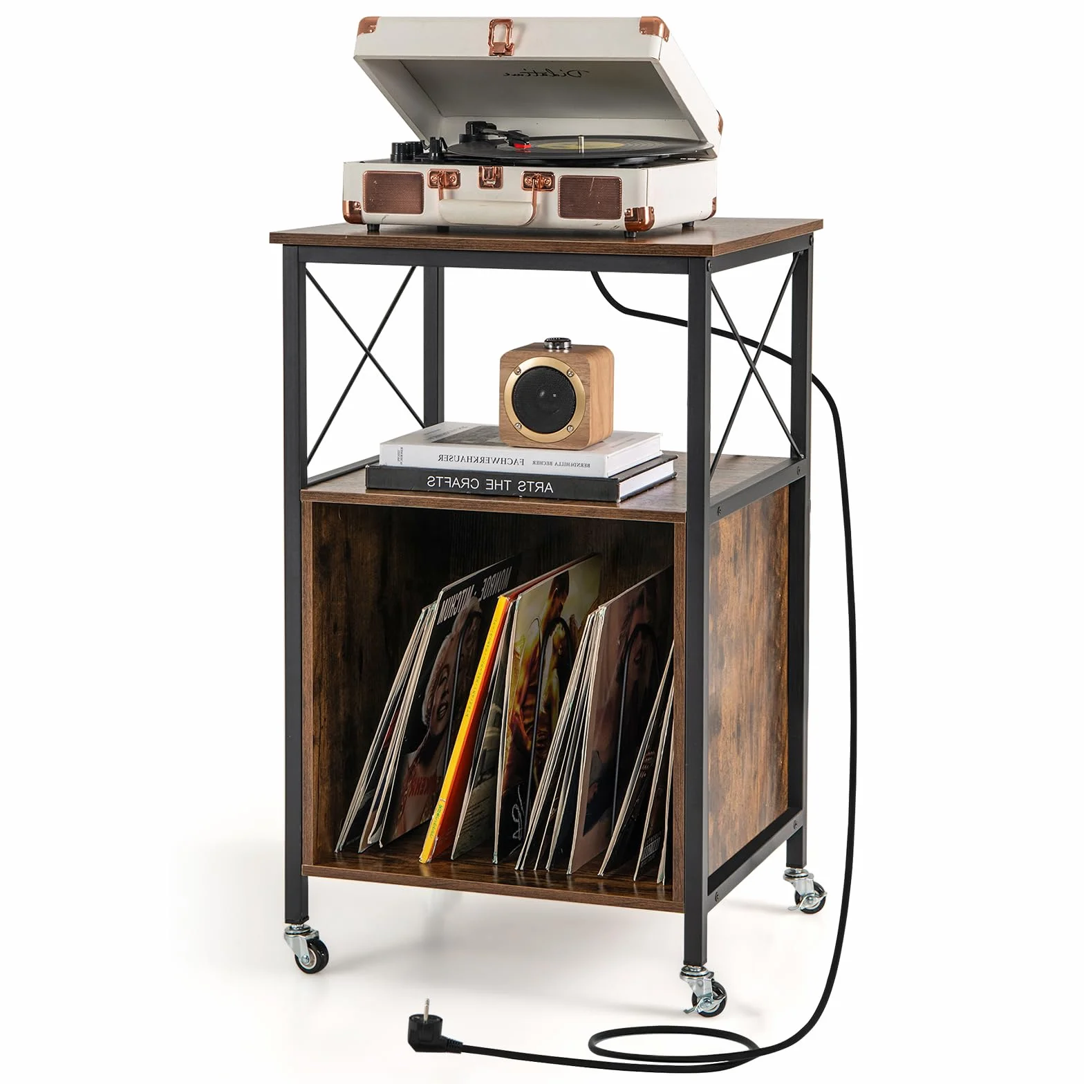 GOPLUS Soporte para Tocadiscos, Mesa para Discos con Estación de Carga Integrada, Mueble de Almacenamiento para Vinilos con Ruedas Bloqueables, Armario de Exhibición para Habitación, Sala de Estar
