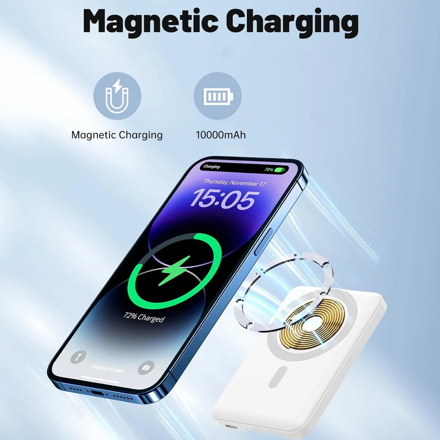 Power Bank 10000mAh 20W Inalámbrico Magnético Batería Externa Carga Rápida Slimmest Portátil USB C para iPhone Samsung Android