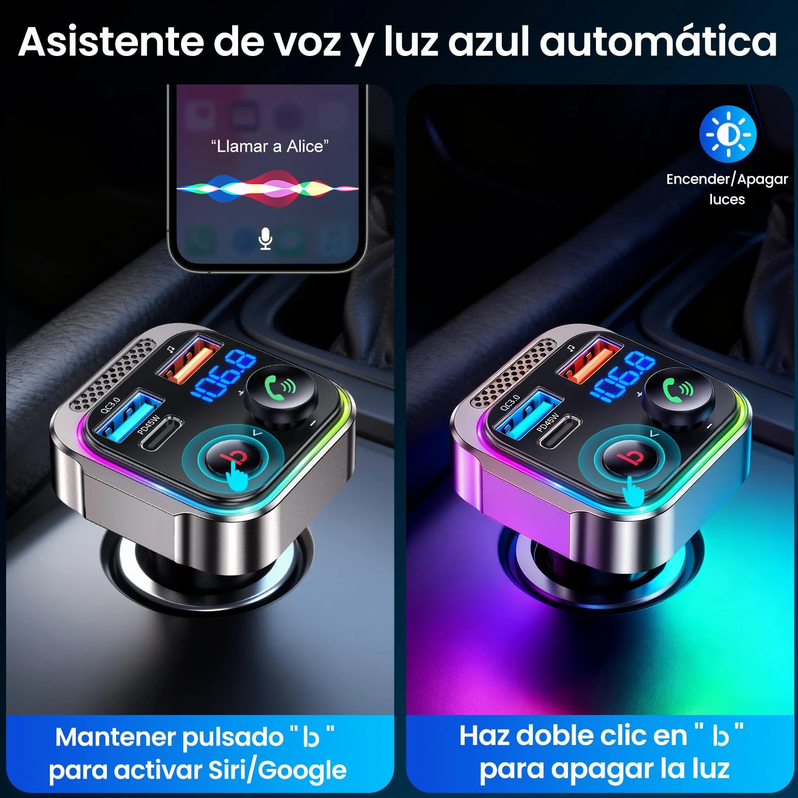 GizmoVine Bluetooth FM Transmitter Car Charger 63W PD 45W 18W Dual USB LED Handsfree Zinc Alloy
