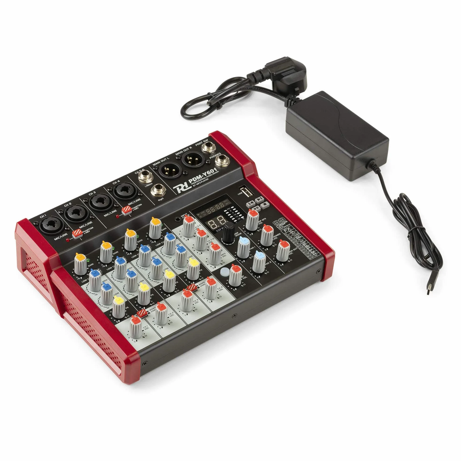 Power Dynamics PDM-Y601 Mezclador de audio 6 canales. Mesa de mezclas con Bluetooth, alimentación phantom de 48 V, USB-C. Mezclador de audio para estudio, 99 efectos DSP, 24 bits, 48 kHz, Jack, XLR