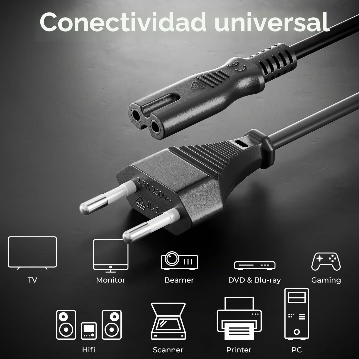 deleyCON 2m Cable de Alimentación Eléctrico Tipo C Euroconector a C7 Hembra Negro