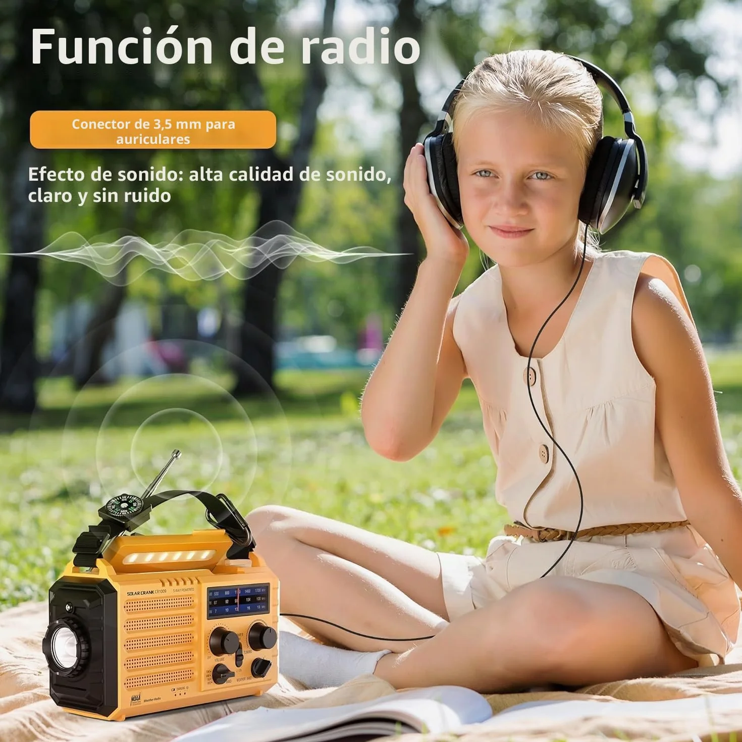 5000mAh Radio Solar, Radio de Emergencia Portátil con Manivela, Radio Dynamo Weather Am/FM, Cargador de Teléfono USB, Linterna LED y Luz de Lectura, Alarma SOS, Brújula para Acampar al Aire Libre