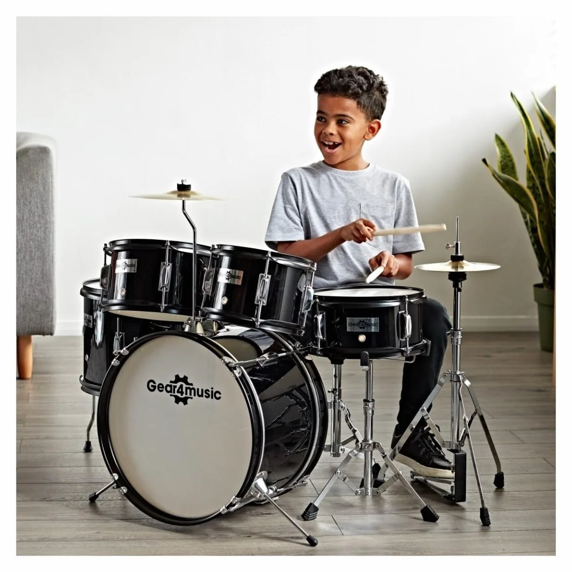 Acoustic Junior Drum Kit Negro 5-Piezas Kid Drum Set para niños de 5-10 años con Snare, Bajo, Tom, platillos
