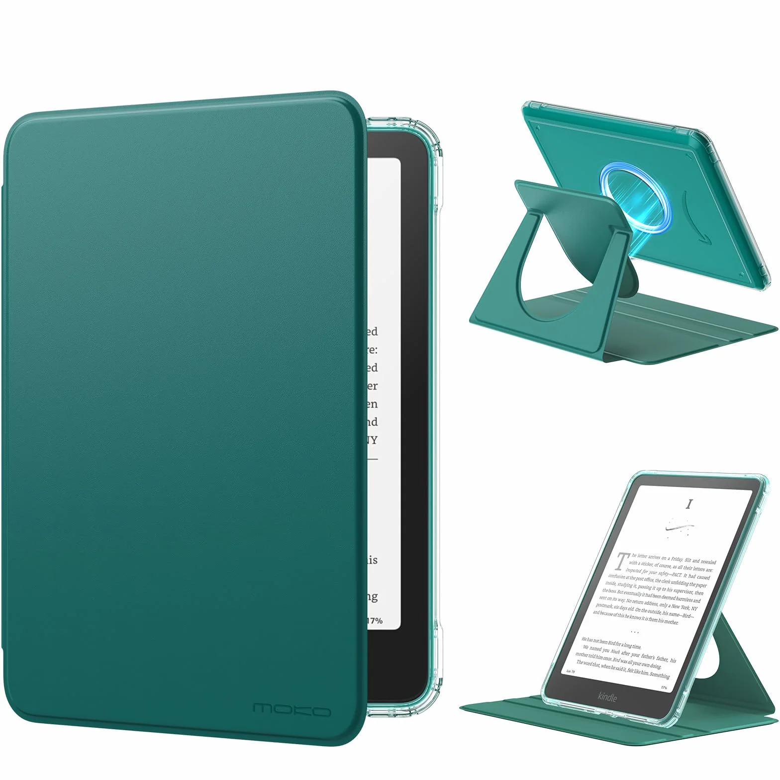 MoKo Funda Giratoria 360° para 7" Kindle Paperwhite12ª Gen 2024 y Kindle Colorsoft 2024/2025, Trasera Transparente Funda Magnética Desmontable con Soporte Ajustable, Auto Activación/Reposo, Verde Jade