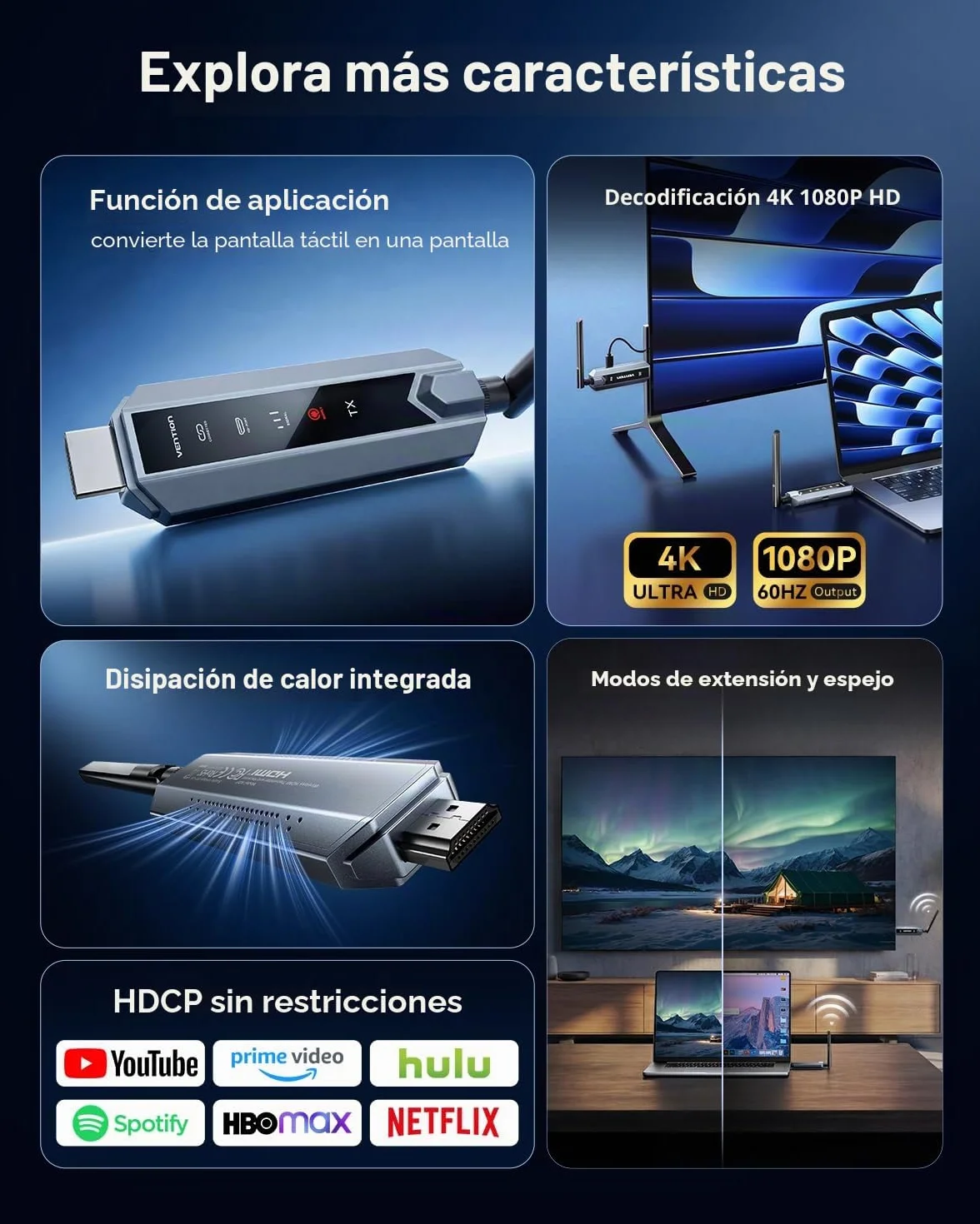 VENTION Transmisor y Receptor HDMI Inalámbrico 656FT con Pantalla LED y Control térmico, hasta 6 RXs, Plug & Play extiende señal 4K Desde PC/proyector/TV Box(1TX+2RX)