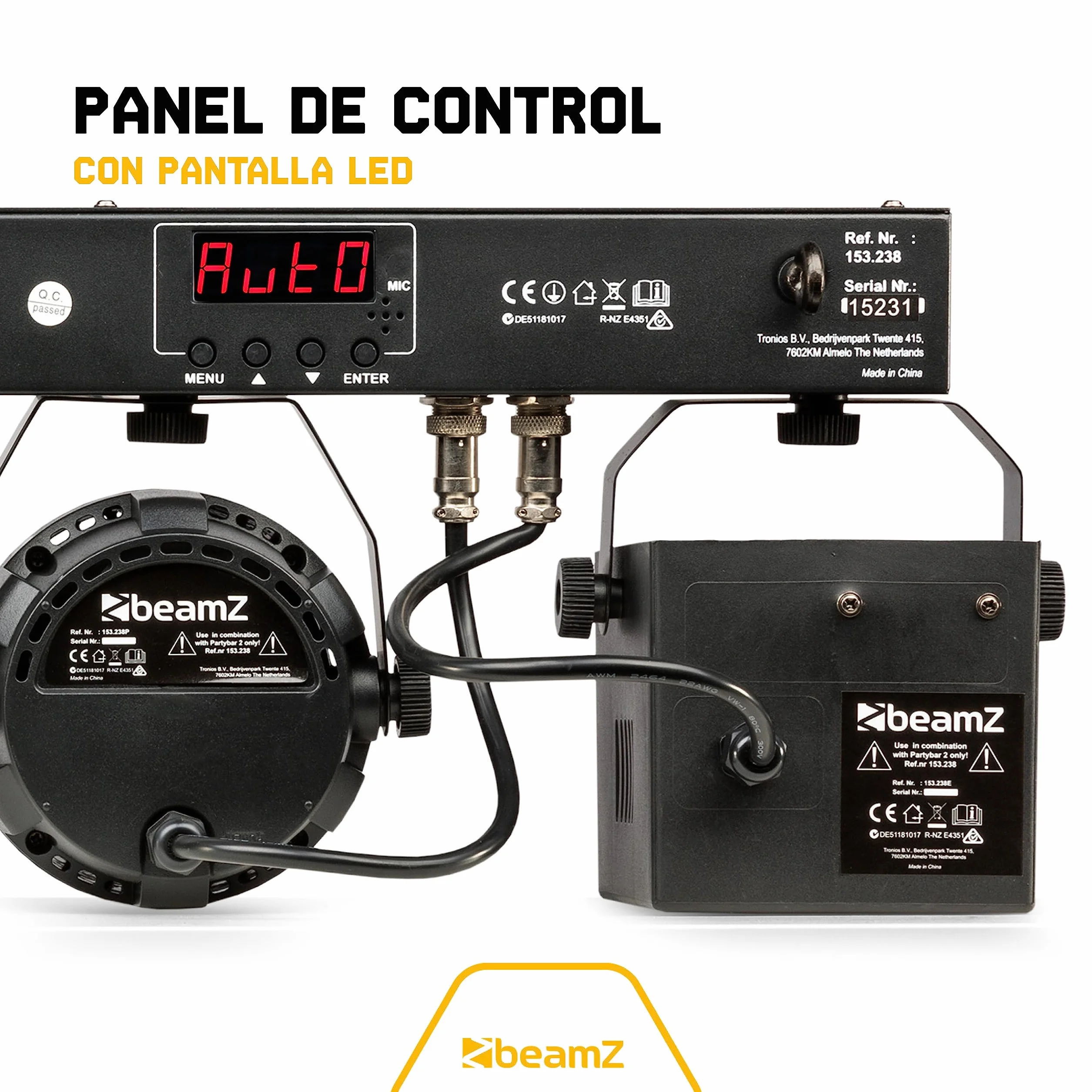 BeamZ Partybar2 - Sistema de iluminación con 2 focos PAR LED y 2 efectos Derby, control por sonido y DMX, programas automáticos, trípode incluido, ideal para fiestas, DJs, escenarios o eventos