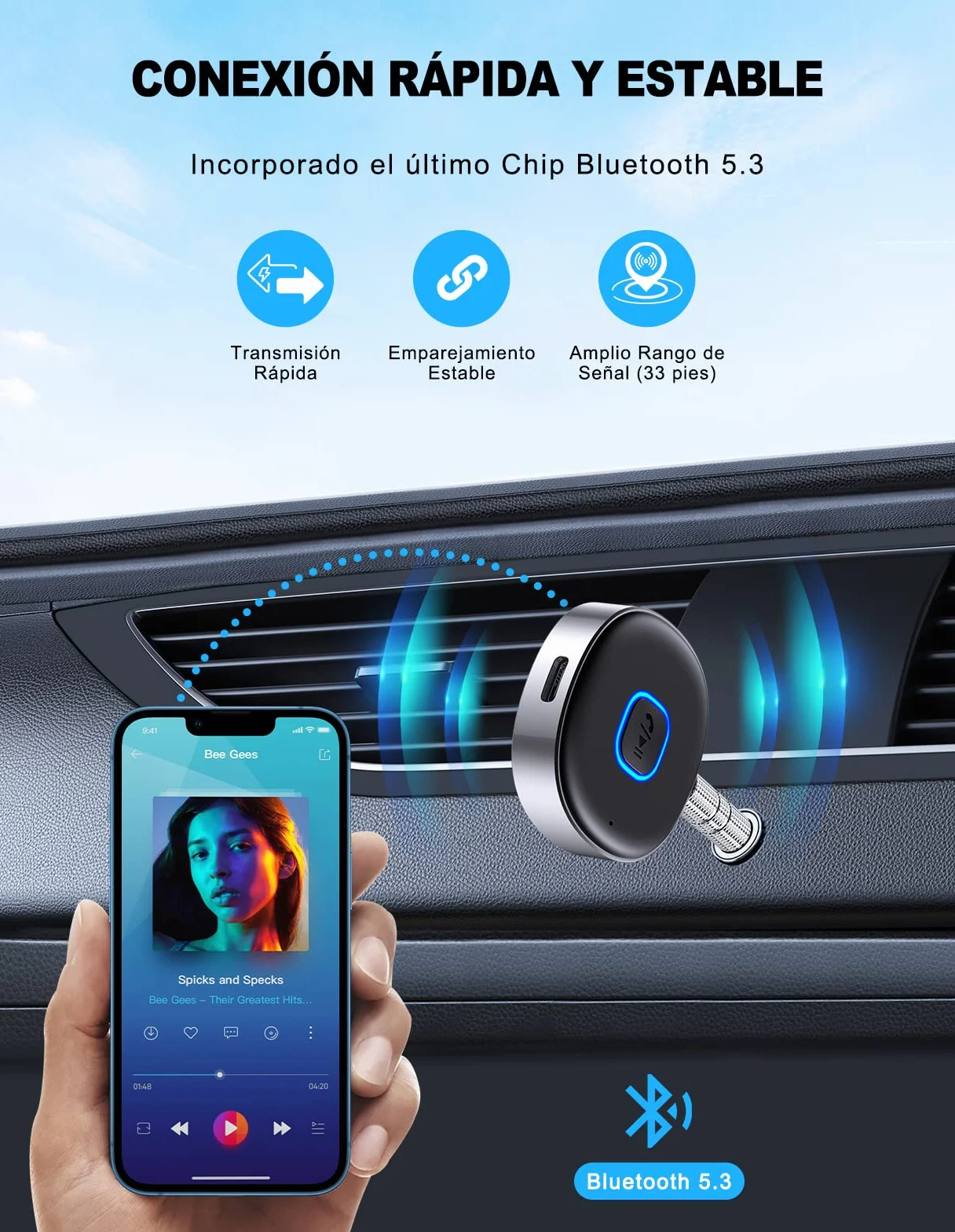 Mohard Receptor Bluetooth 5.0, AUX Adaptador Bluetooth Coche Audio Jack 3.5mm para Estéreo Domestico/Altavoz/Auriculares con Cable, Llamadas Manos Libres y Conexión Dual, Tiempo de Reproducción 16H