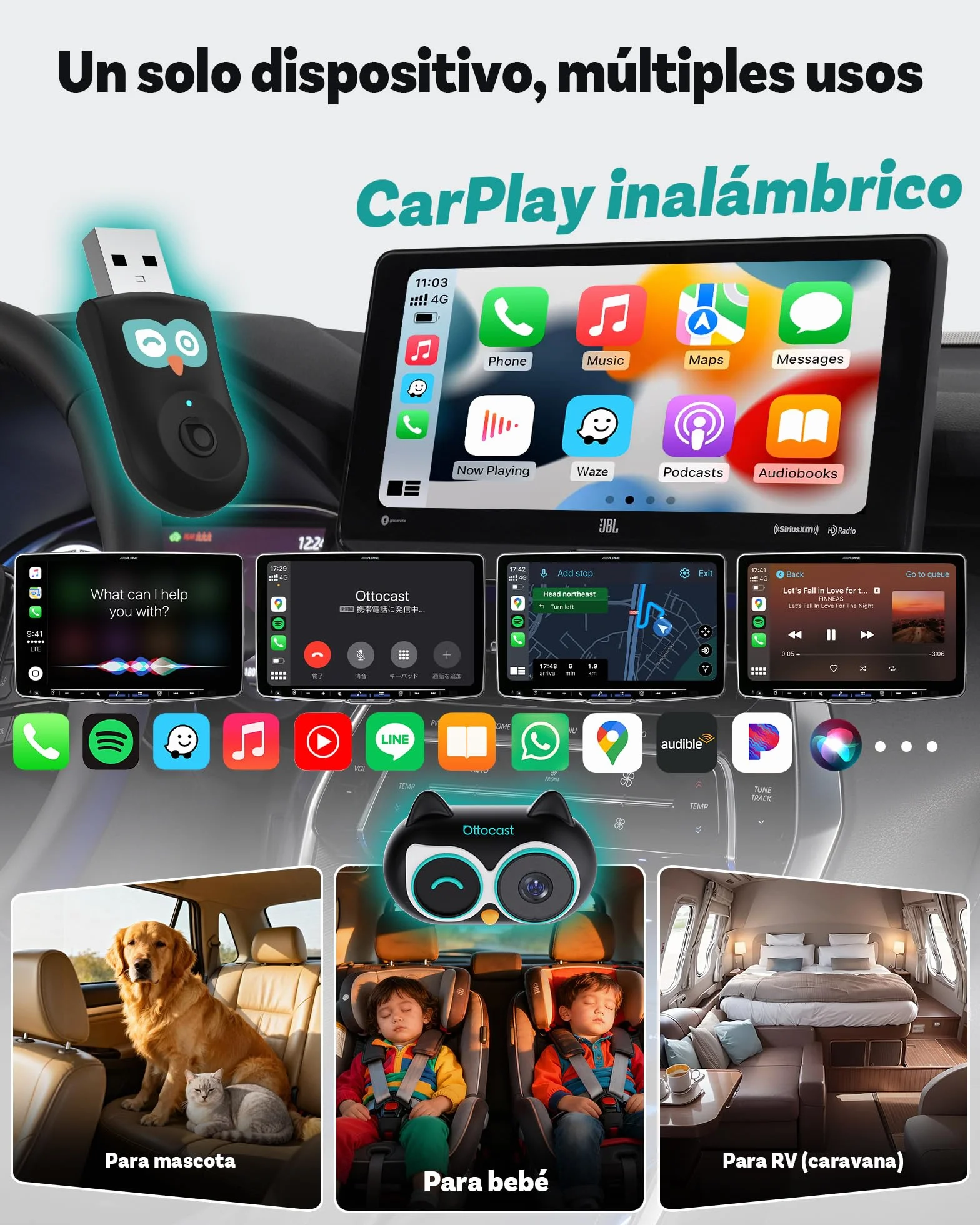 OTTOCAST Cabin Care 2026, CarPlay Inalámbrico + Cámara Trasera de Seguridad para Bebés/Mascotas, 1080P, IR Visión Nocturna, Ultra Gran Angular 150°, Compatible iOS 10+ y Coches con Carplay Desde 2016