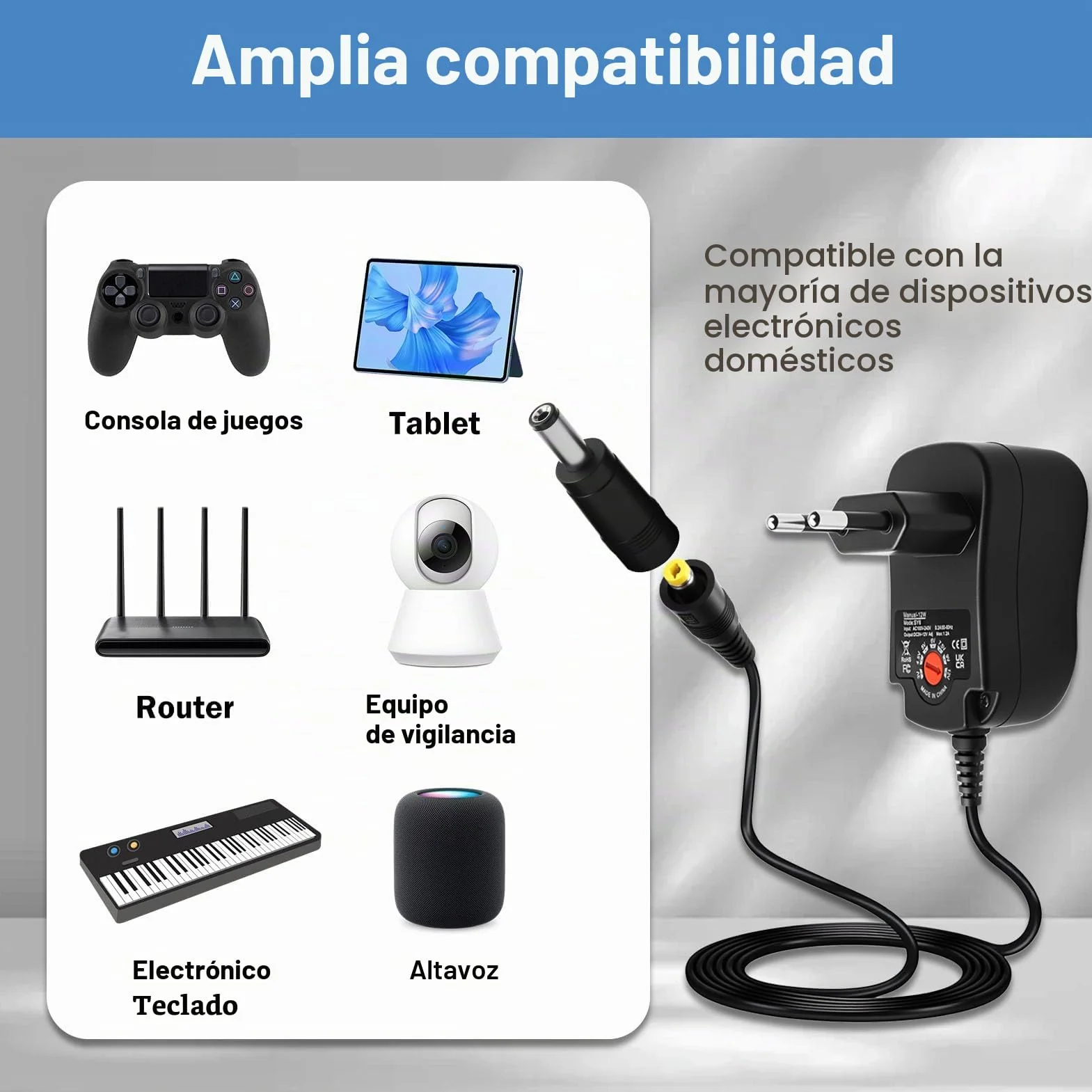 12 W - Adaptador de corriente universal AC/DC 3 V, 4,5 V, 5 V, 6 V, 7,5 V, 9 V, 12 V, con 8 conectores DC Transformador de alimentación multivoltaje para luz Router TV Box Cámara Tableta 1000 mA Max