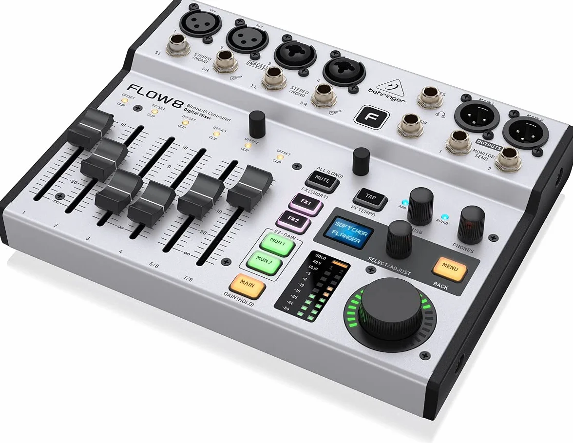 Behringer FLOW 8 Mezclador Digital De 8 Entradas Con Control De Audio Y De Aplicaciones Por Bluetooth, Faders De Canal De 60 Mm, 2 Procesadores De Efectos Y Una Interfaz USB/De Audio