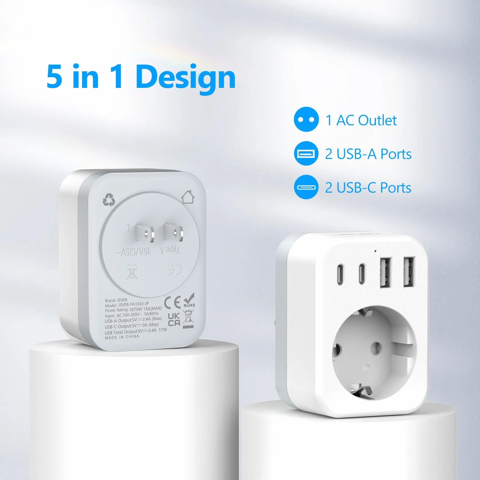 Adaptador Japon, JSVER 5 en 1 Adaptador Enchufe para Japan Tipo A con 2 USB A y 2 USB C, Enchufe de Viaje para Español a Japones,América, México, Canadá, Tailandia-Blanco