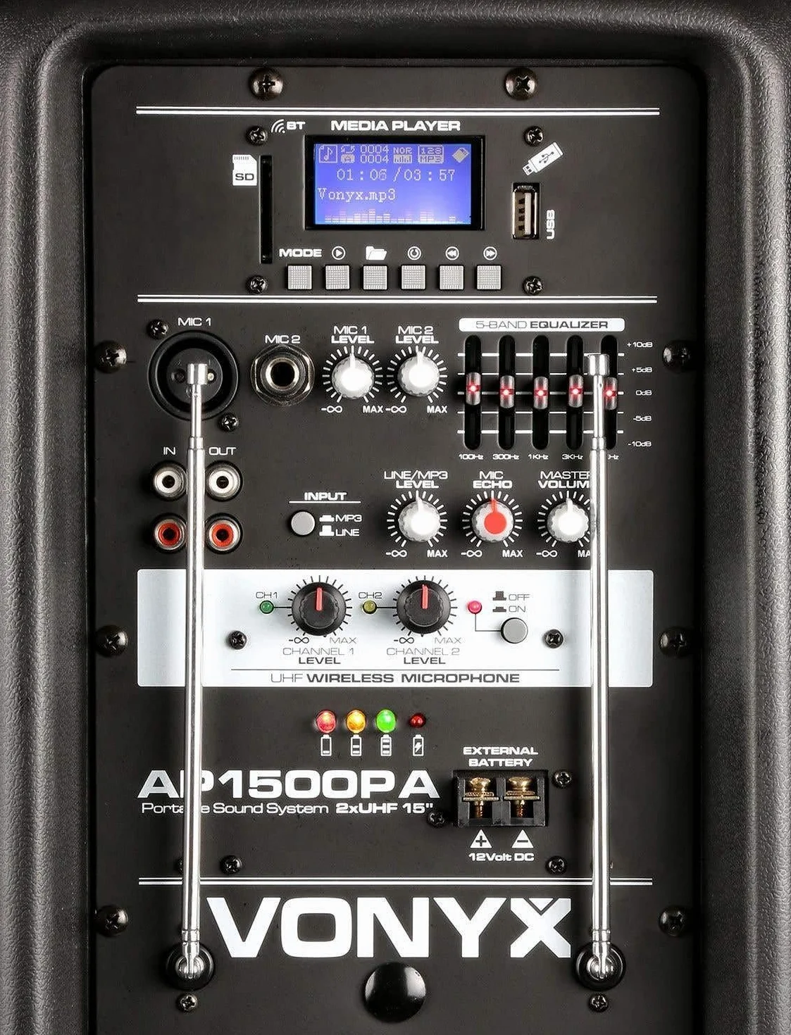 Vonyx AP1500PA – Altavoz Bluetooth Grande Potente 15" 800W con micrófono con Cable, micrófono inalámbrico UHF y petaca UHF con Micro de Solapa o Diadema, batería Recargable y USB