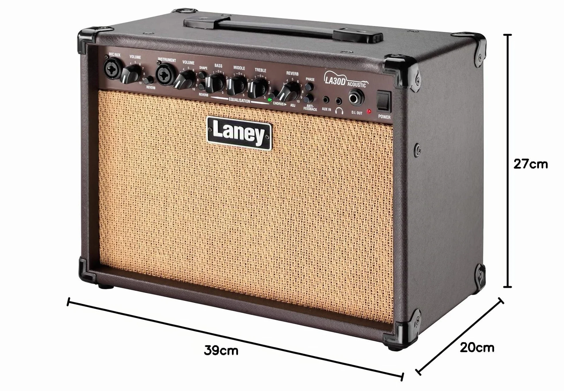 Laney LA30DAmplificador de guitarra acústica – Amplificador de combo de 30W de doble canal con entradas de micrófono y instrumento XLR o jack, reverberación, coro, anti retroalimentación - Marrón