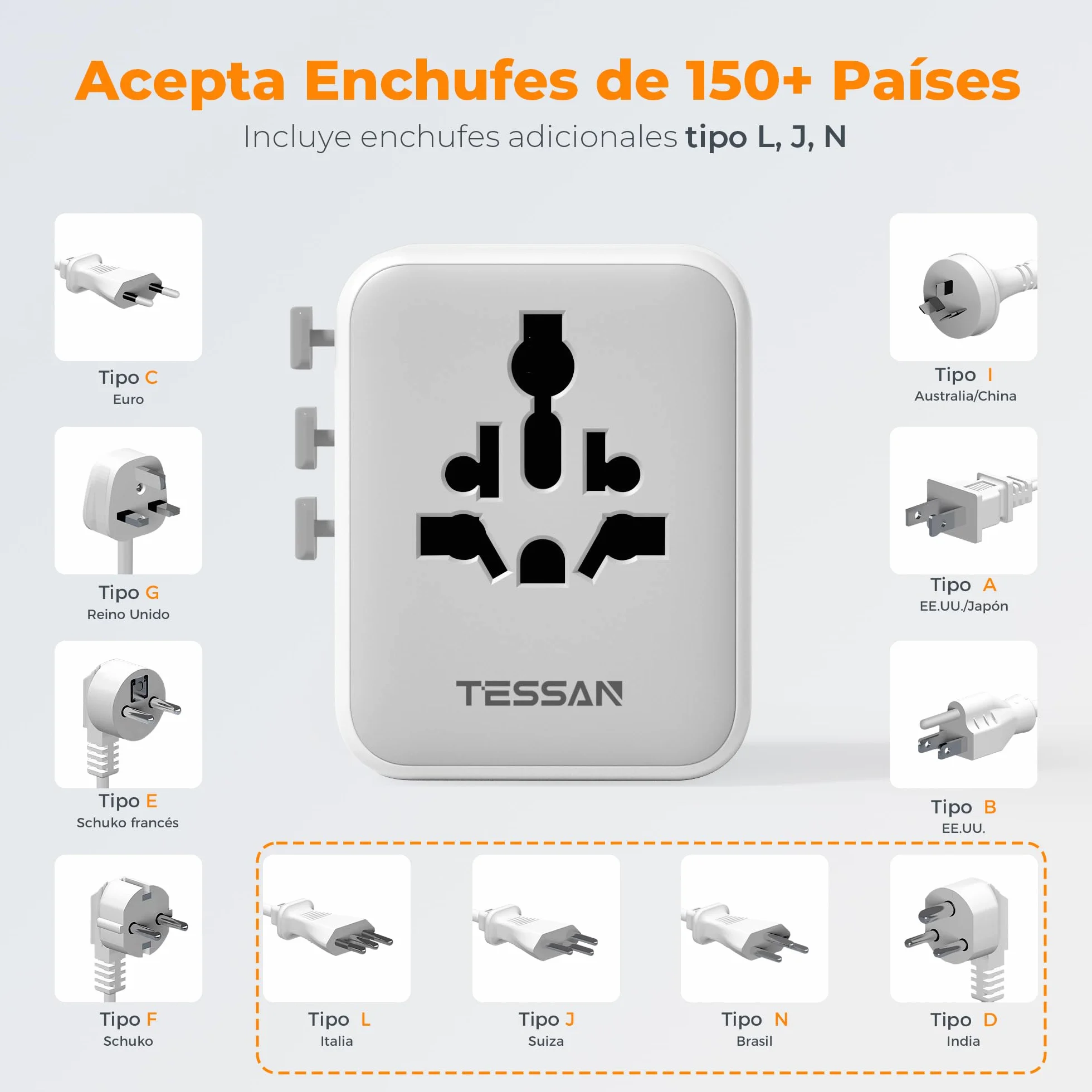 TESSAN Adaptador Enchufe Universal Viaje con 2 USB y 3 USB C para USA UK Irlanda Australia 224 Países