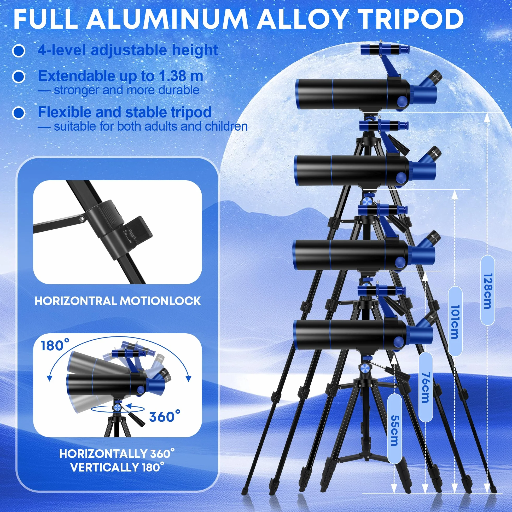Dianfan Telescopio, 80 mm Apertura Telescopio Astronómico Adultos, Portátil Telescopios para Niños Y Principiantes,Óptica Multirrevestida, con Adaptador para Teléfono, Mochila Y Pegatinas