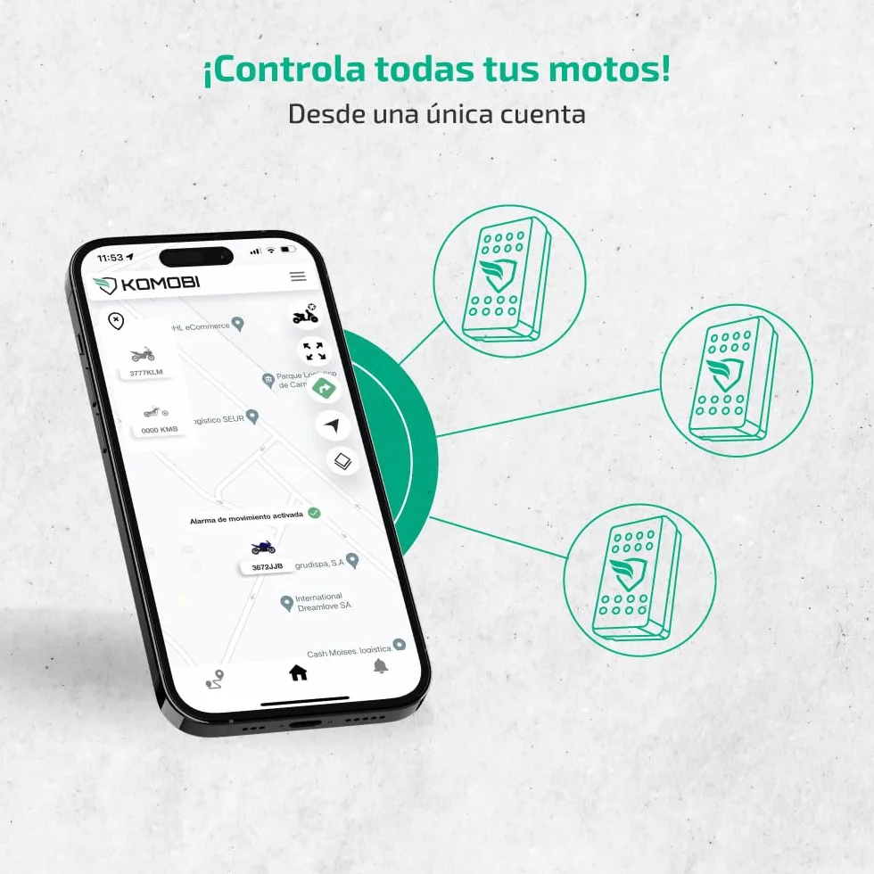 KOMOBI Pro Localizador GPS para Moto con Alarma Antirrobo, Seguimiento en Tiempo Real, Detección de Accidentes