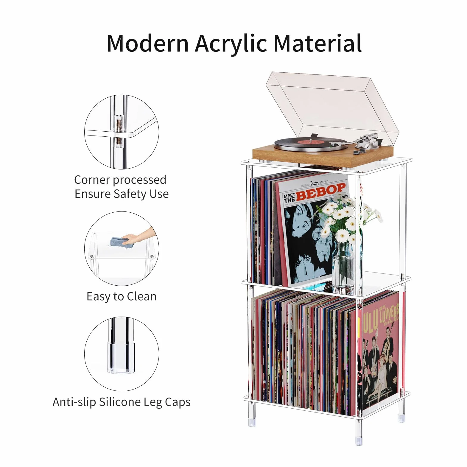 Soporte acrílico para tocadiscos, mesa giratoria transparente de 3 niveles con almacenamiento de discos de vinilo, 15.75 pulgadas de largo x 11.8 pulgadas de ancho x 30.7 pulgadas de alto, mesa