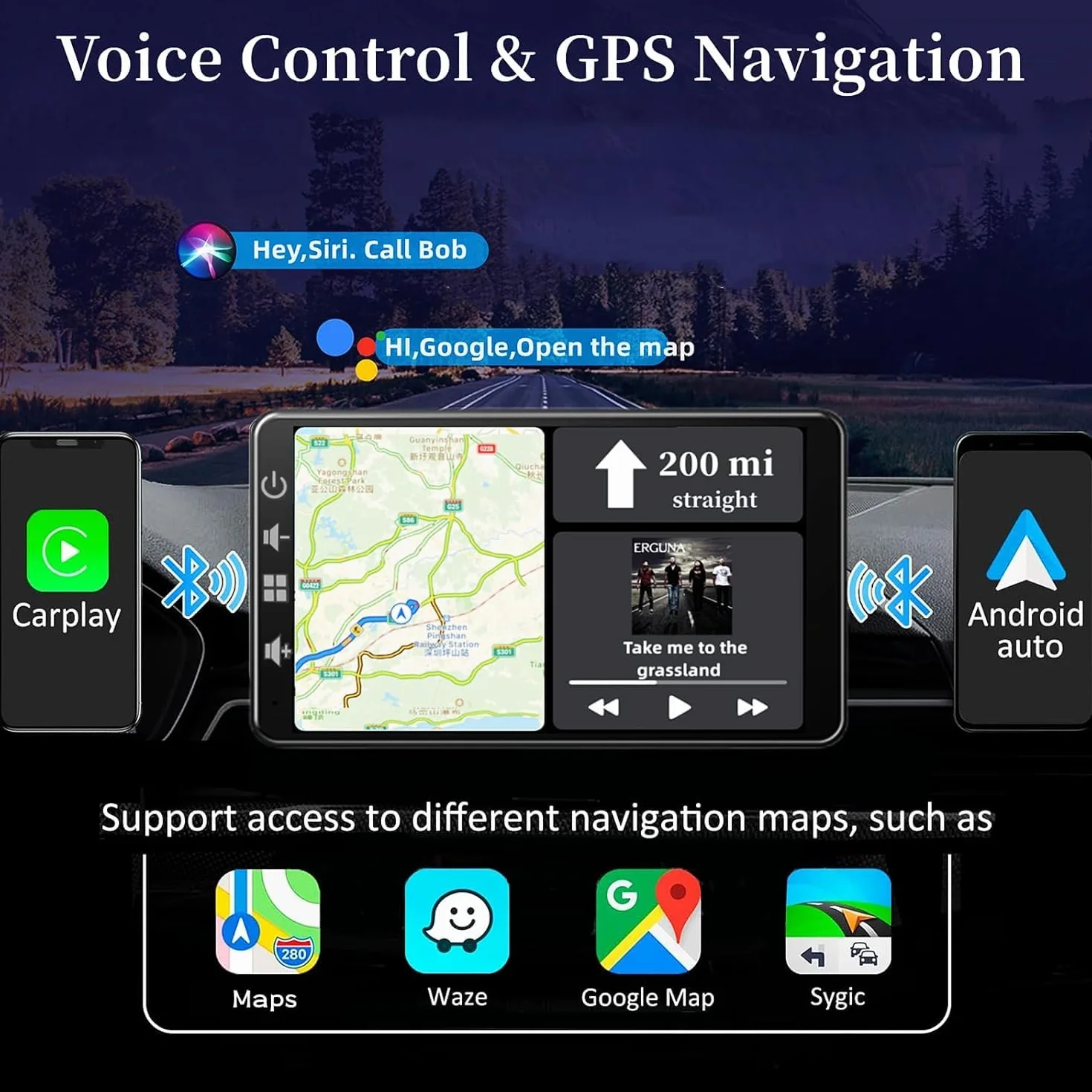 Pantalla Coche con CarPlay y Android Auto Inalámbrica - Pantalla Carplay de 7 Pulgadas con Mirror Link - Portátil Radio Coche con Asistencia de Voz/FM/AUX/Cámara Trasera