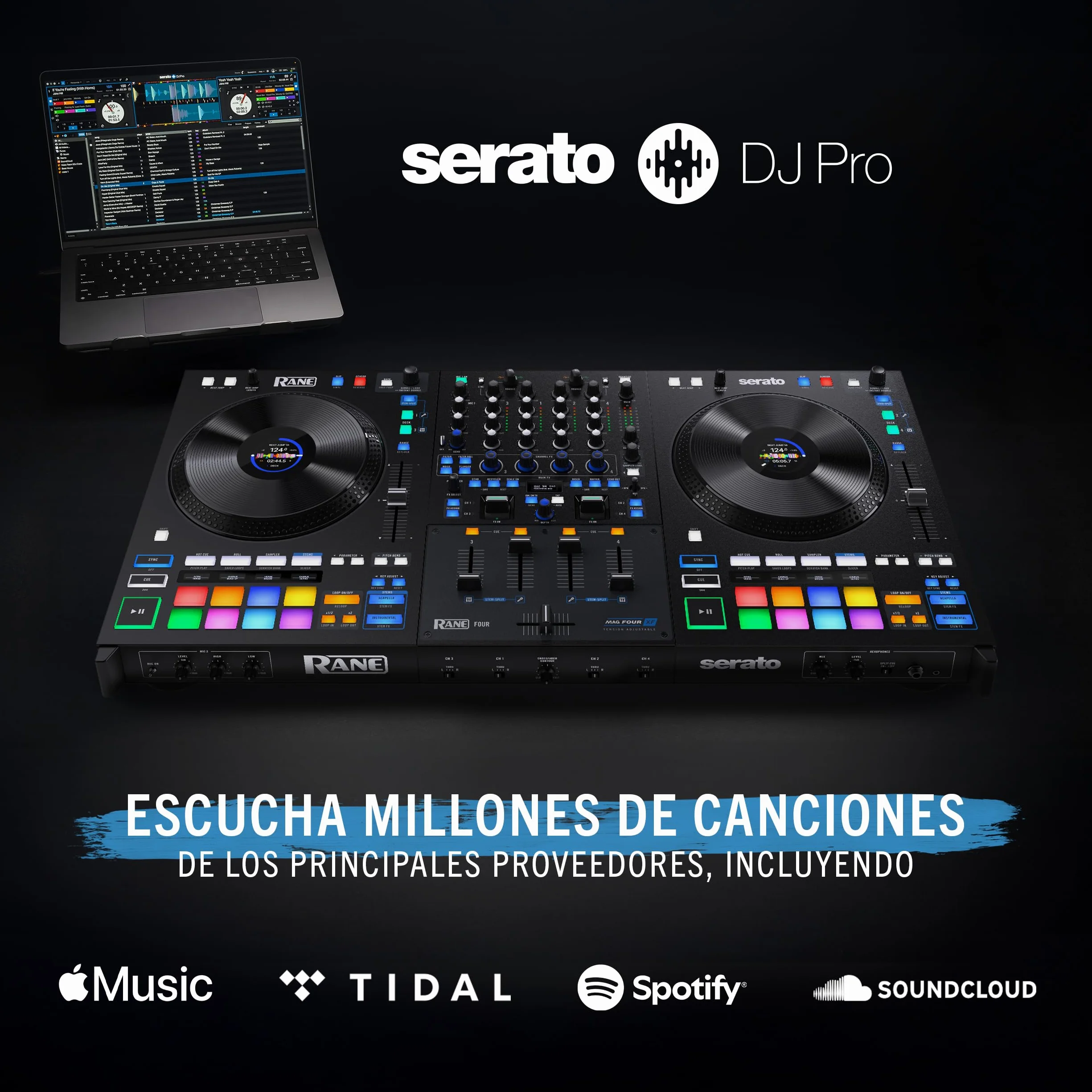 RANE FOUR Controlador DJ Stems Avanzado, 4 Canales, Jog Wheels de 8.5 Pugadas + Displays, Mezclador DJ con FX Internos, Serato DJ Pro + Pitch 'n Time DJ