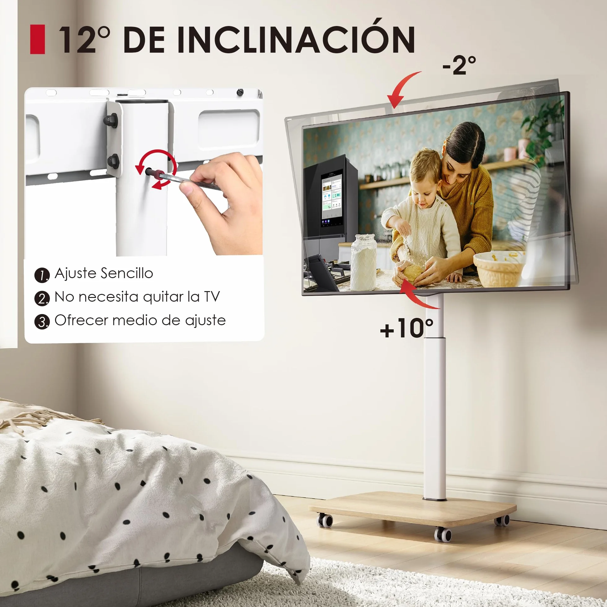 AOKCOS Soporte de suelo para TV móvil con estante de madera, soporte de TV con ruedas para televisores planos y curvados de 43 a 75 pulgadas de hasta 50 kg, altura ajustable, soporte giratorio para TV