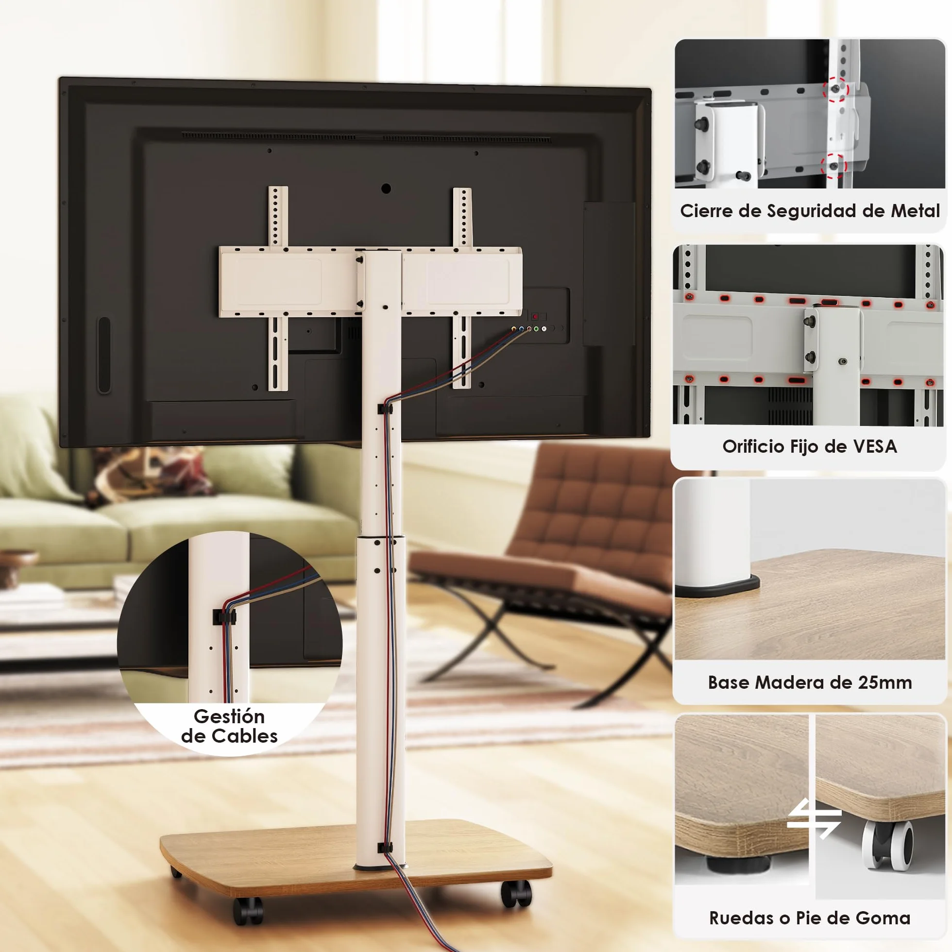 AOKCOS Soporte de suelo para TV móvil con estante de madera, soporte de TV con ruedas para televisores planos y curvados de 43 a 75 pulgadas de hasta 50 kg, altura ajustable, soporte giratorio para TV