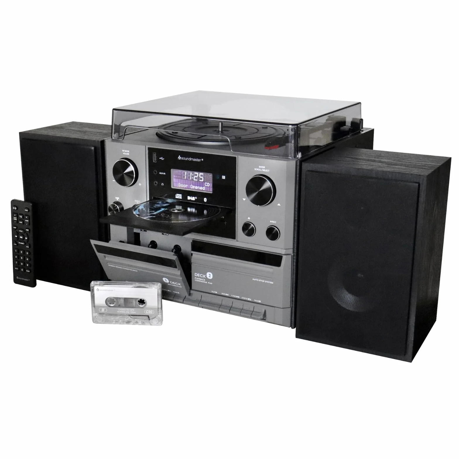 Soundmaster MCD5600SW Sistema estéreo con Tocadiscos, Reproductor de CD con Casete Doble Dab+, codificación USB MP3 Bluetooth, digitalización, conexión de Antena de 75 ohmios